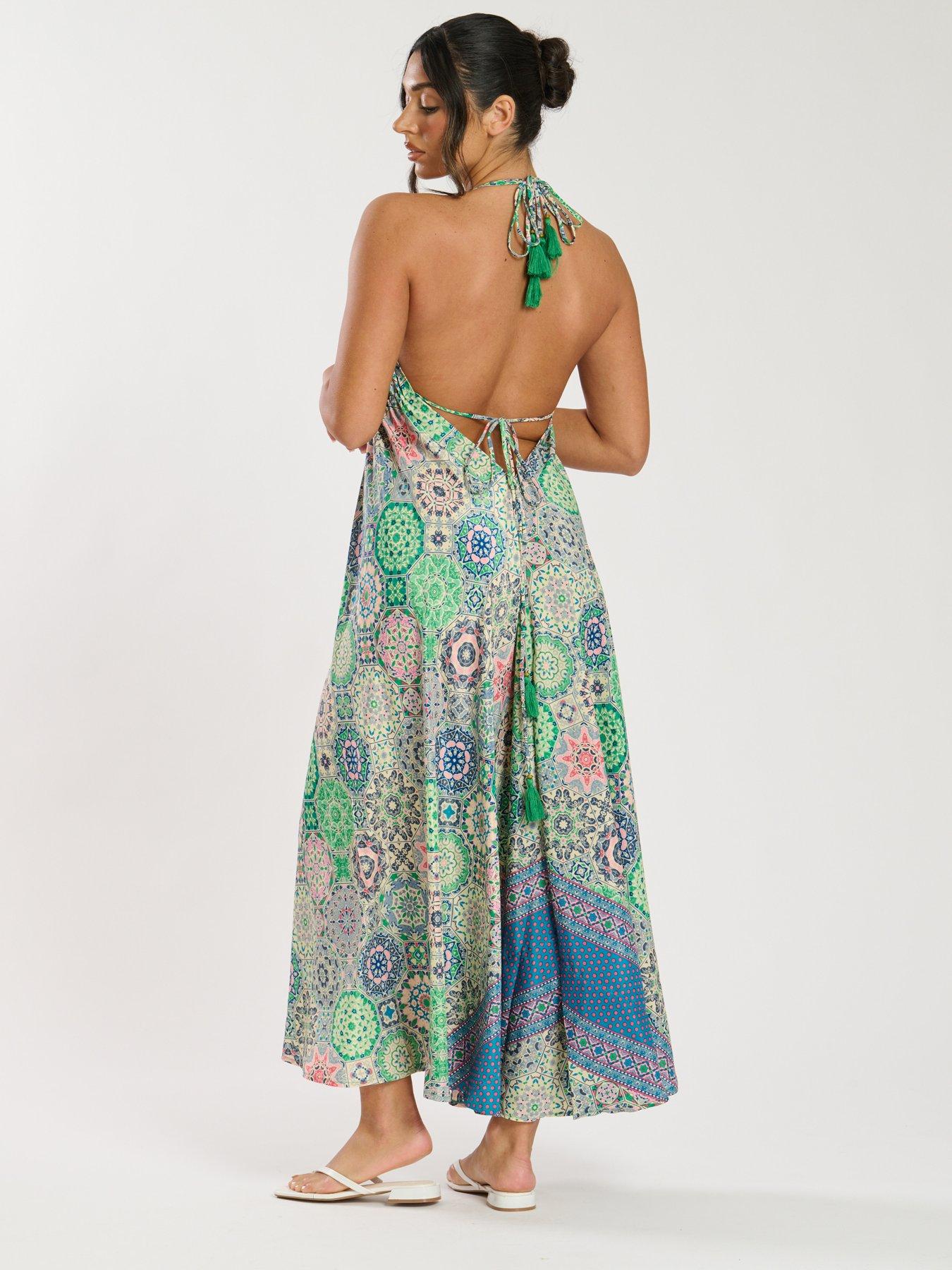 Image 2 of 5 of South Beach Printed Halter Scarf Maxi Dress - Green