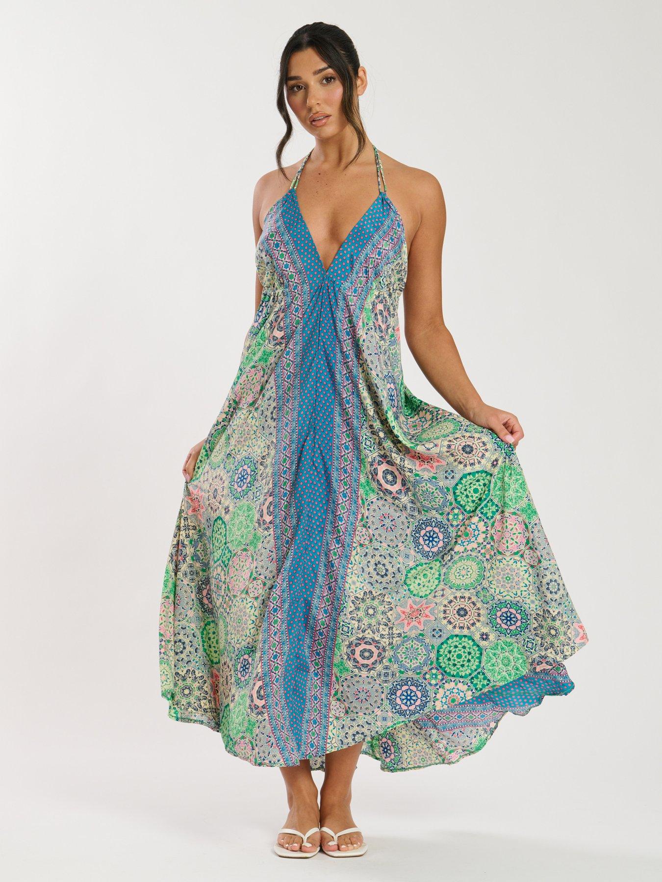 Image 3 of 5 of South Beach Printed Halter Scarf Maxi Dress - Green
