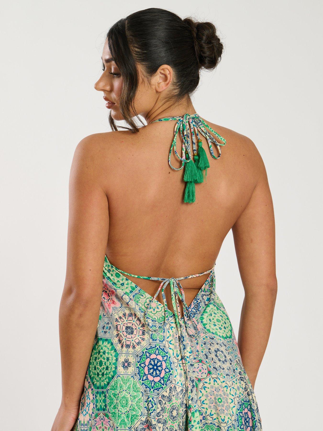 Image 4 of 5 of South Beach Printed Halter Scarf Maxi Dress - Green