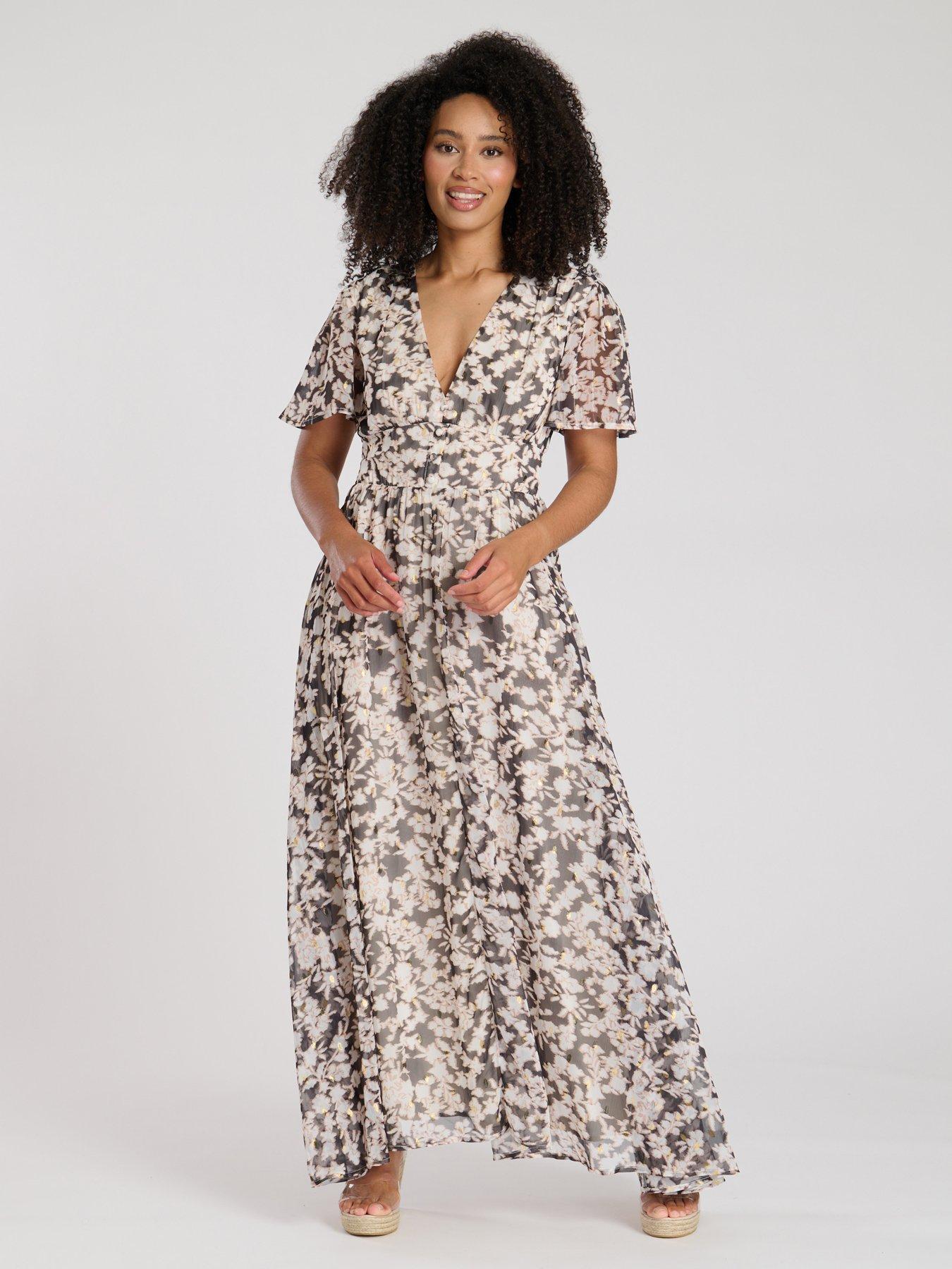 undefined Printed Chiffon Button Detail Midi Dress - Multi