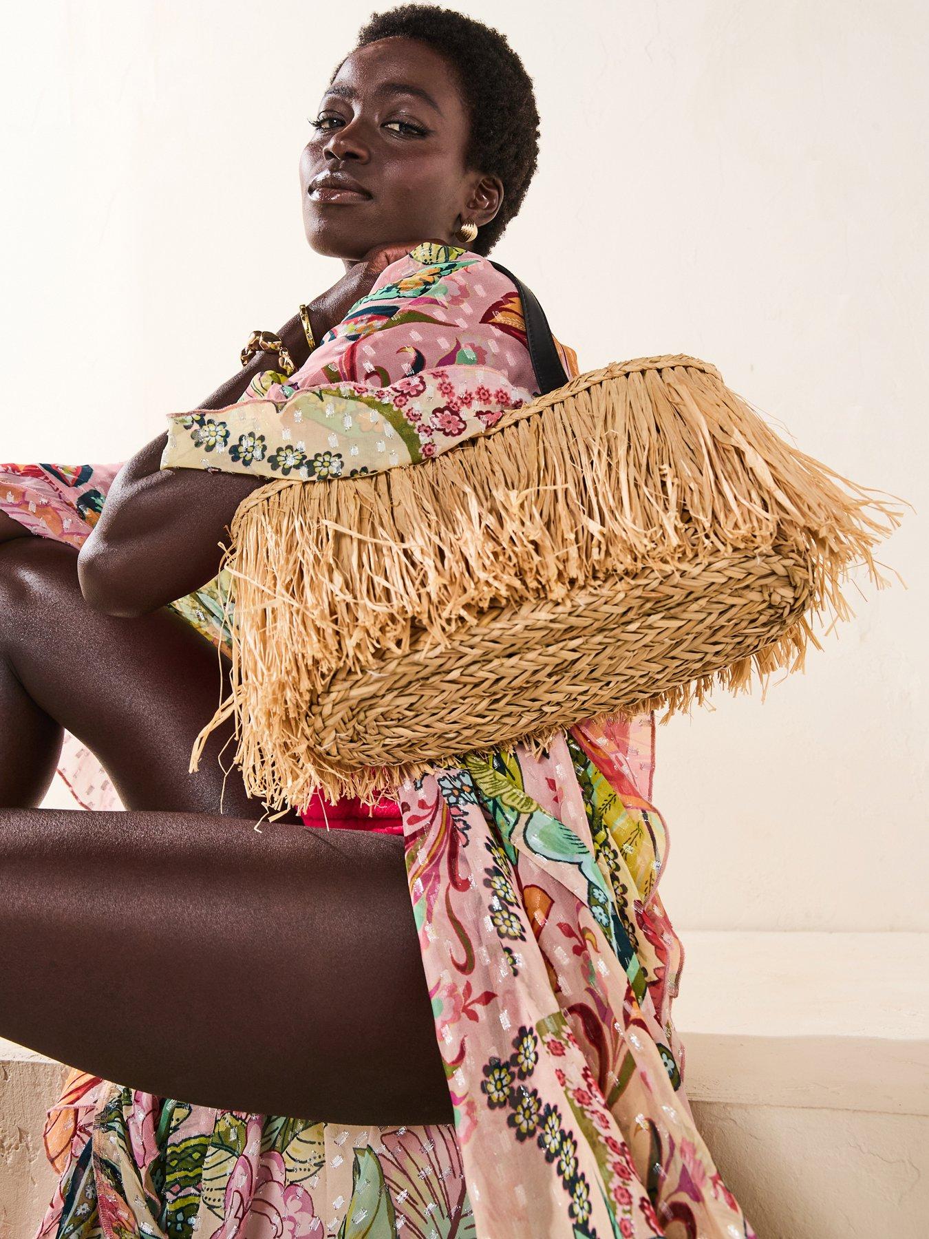 Image of South Beach Straw Fringe Mini Bag - Beige