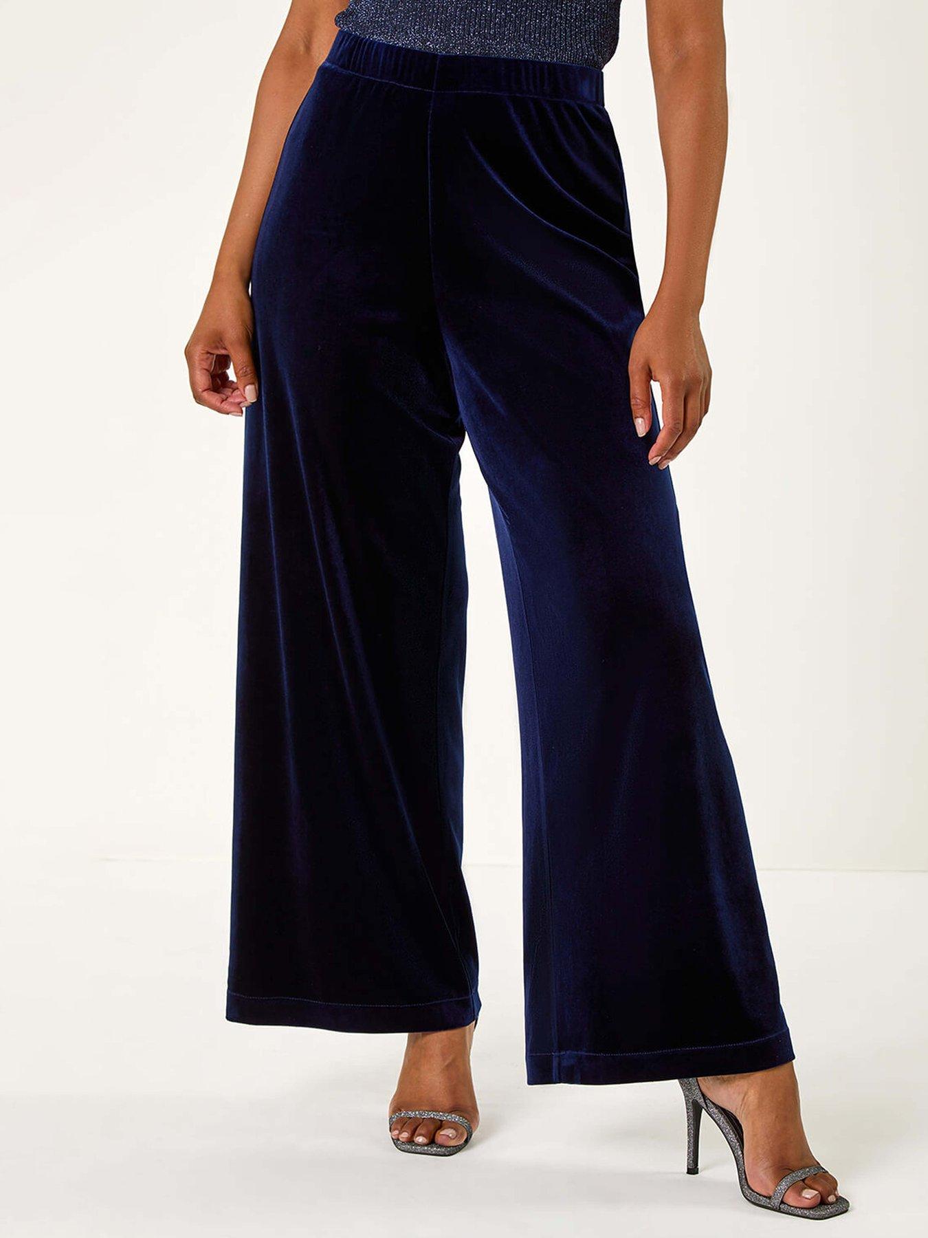 Roman Petite Wide Leg Velvet Stretch Trouser - Blue