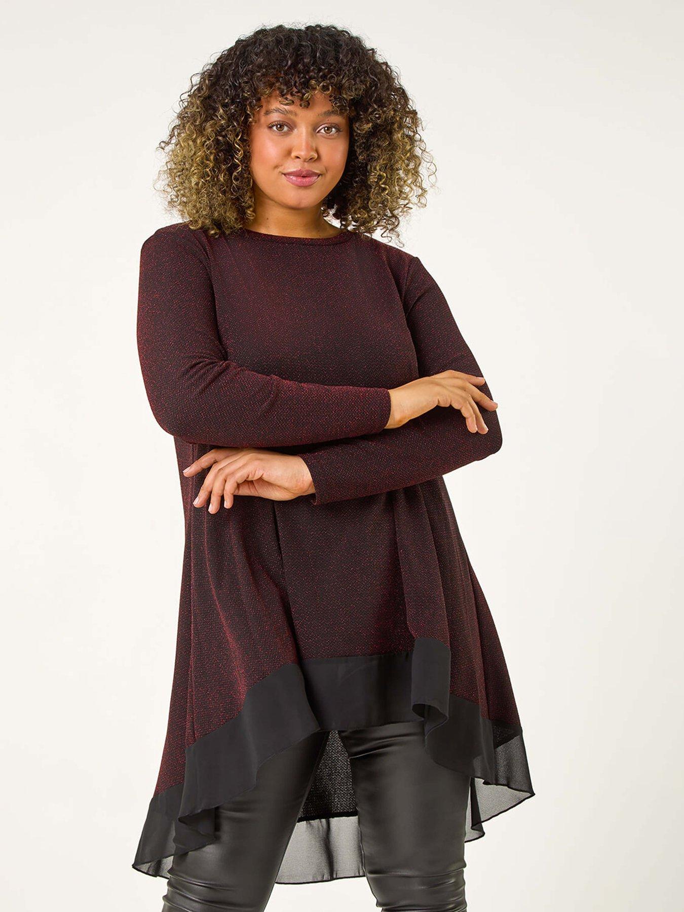 Roman Curve Glitter Chiffon Hem Tunic Top - Red
