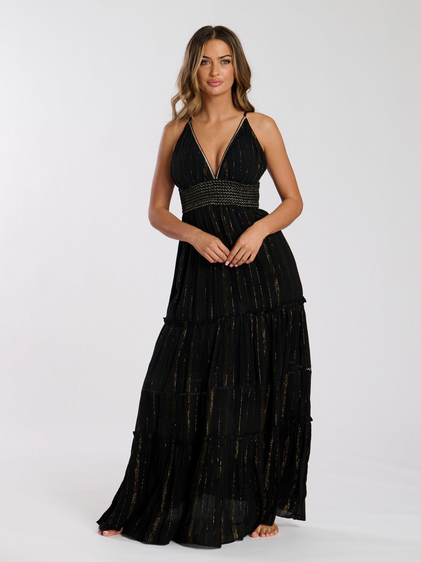 Image 1 of 3 of South Beach Metallic Cami Stripe Maxi Dress - Black