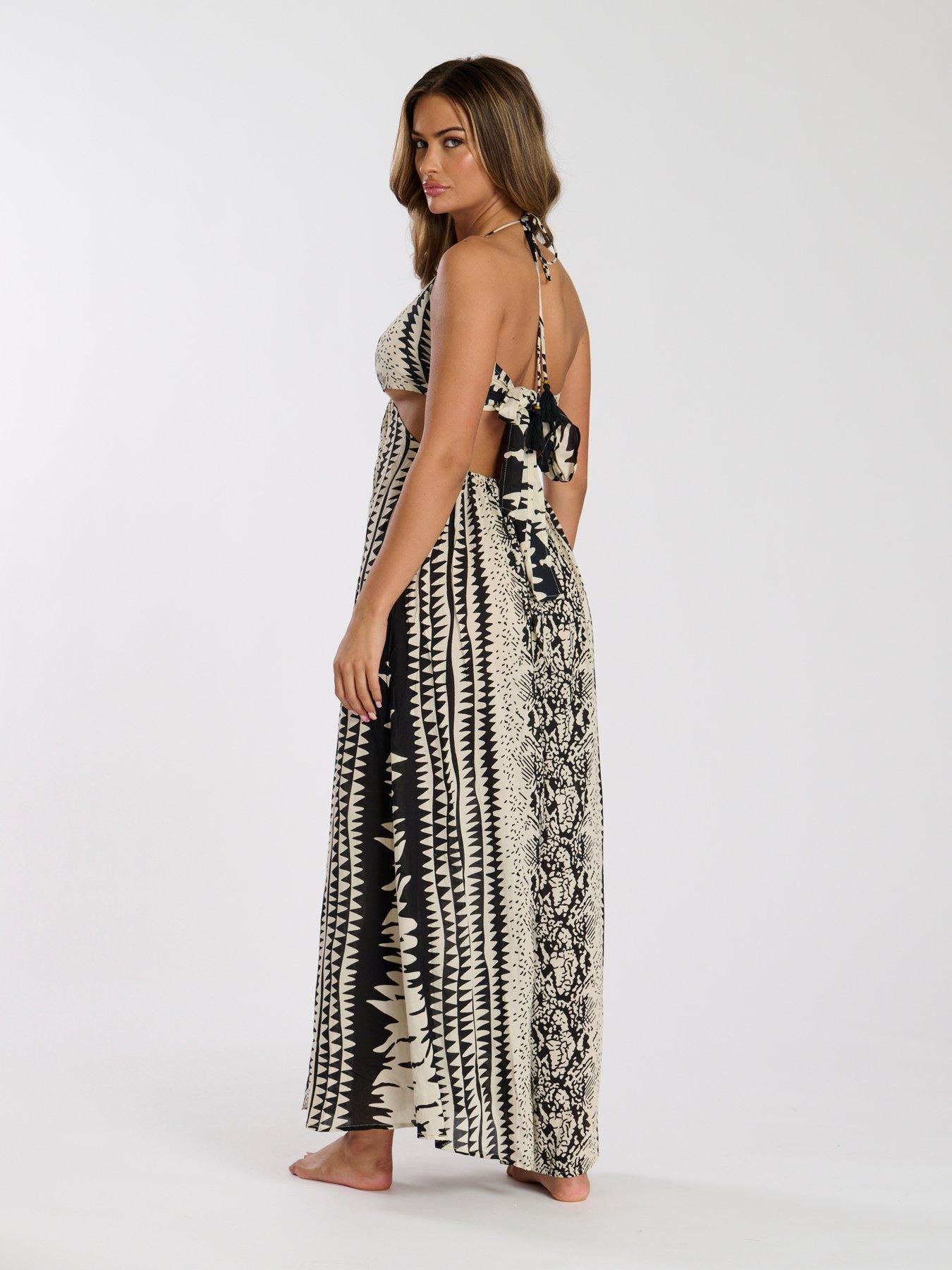 Image 2 of 5 of South Beach Printed Halter neck Ring Detail Beach Maxi Dress - Print