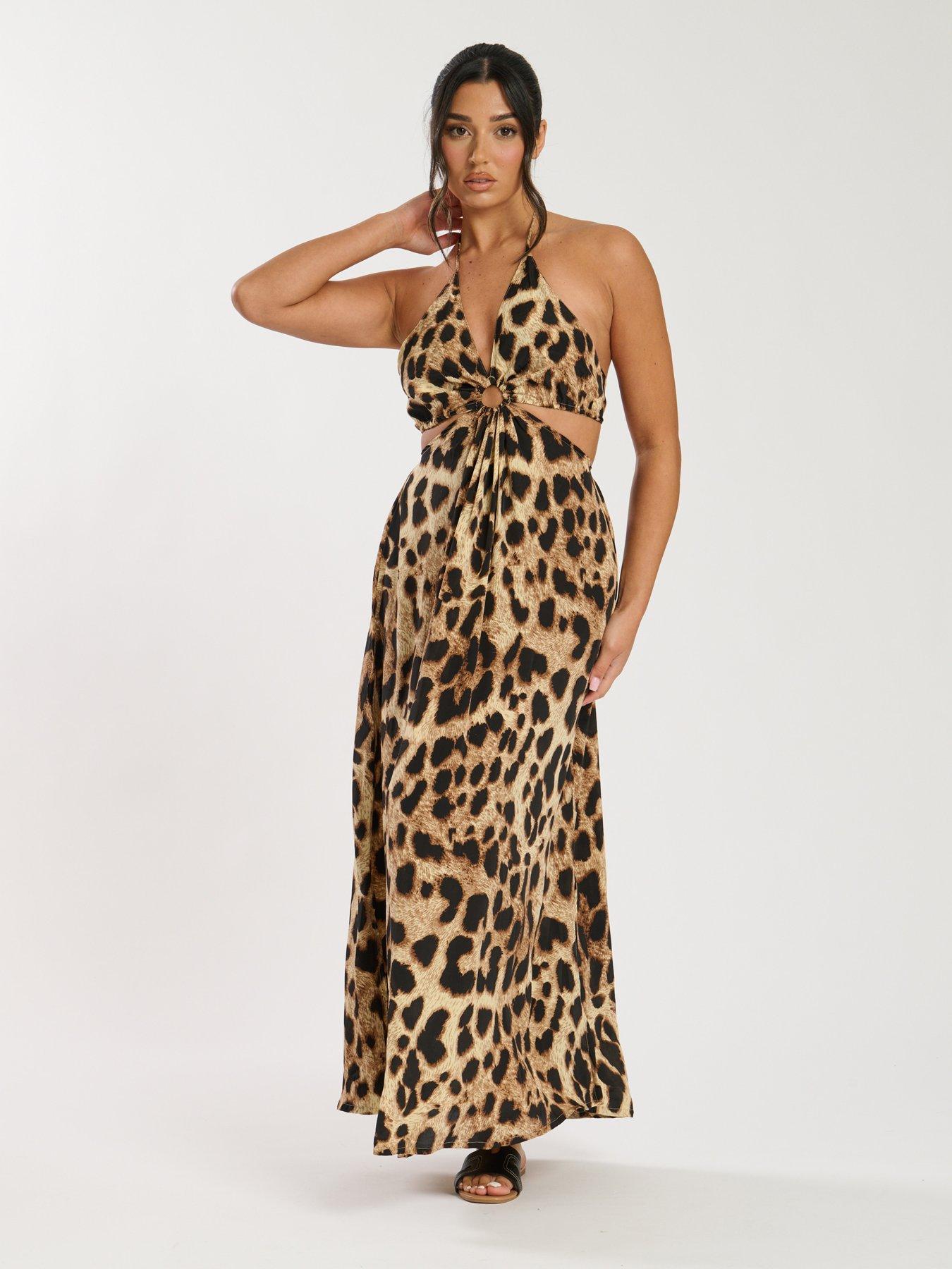South Beach Animal Print Halter Neck Ring Detail Maxi Dress - Brown