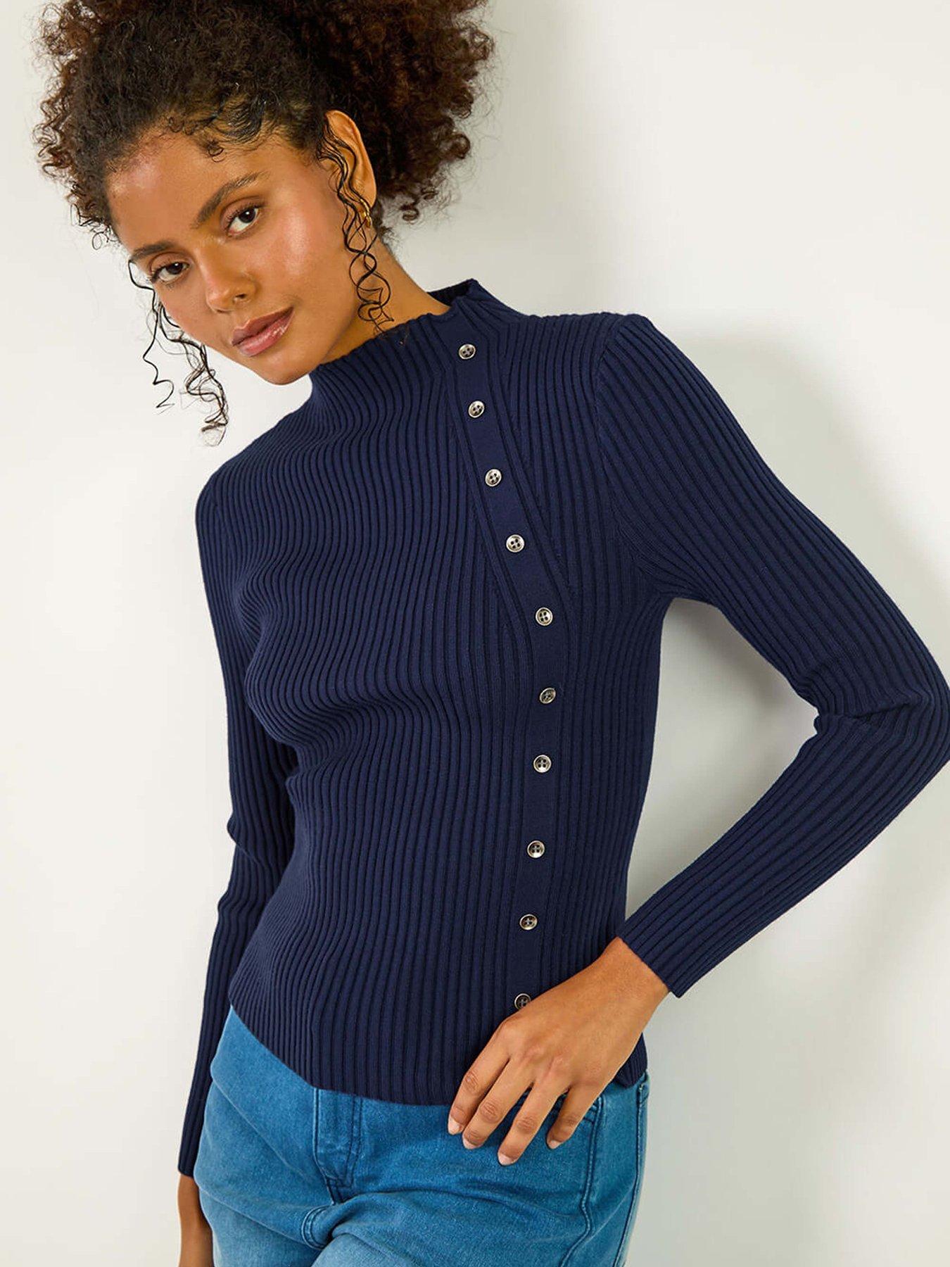 Roman High Neck Button Detail Rib Jumper - Navy