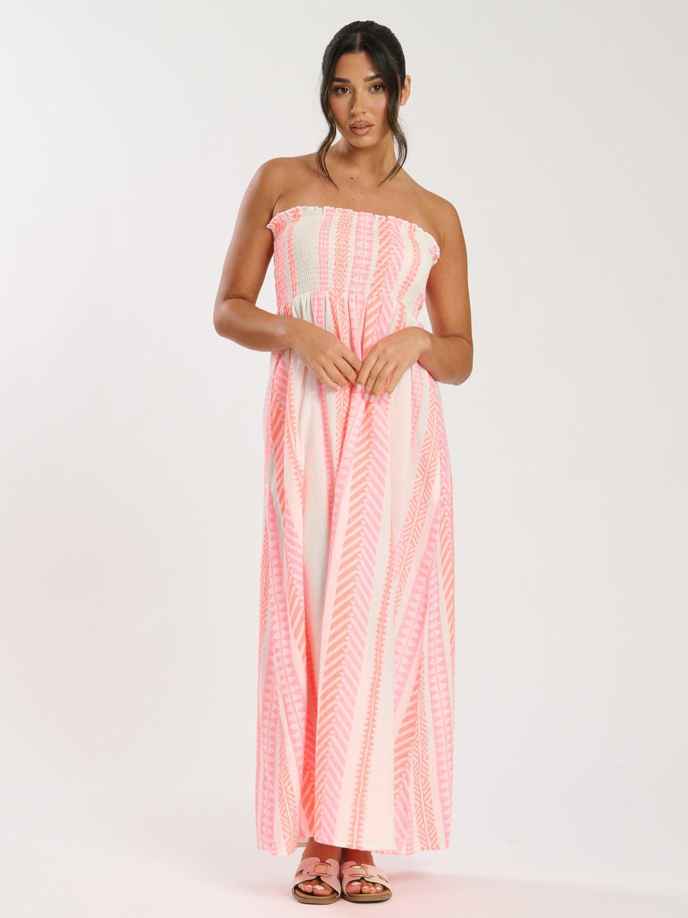 South Beach Bandeau Jacquard Maxi Dress With Shirred Bodice - Pink