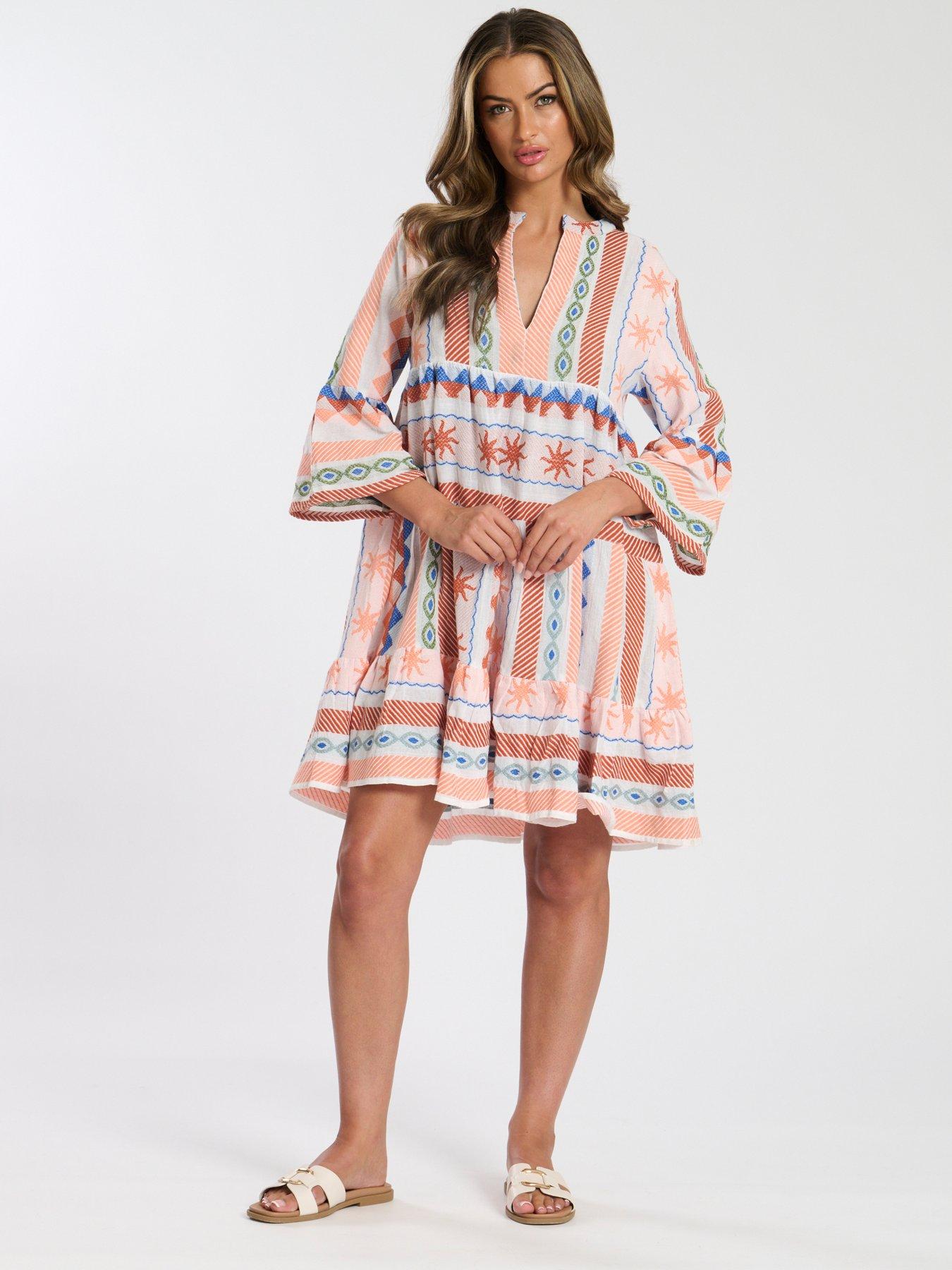 South Beach Jacquard 3/4 Sleeve Tiered Mini Dress - Multi
