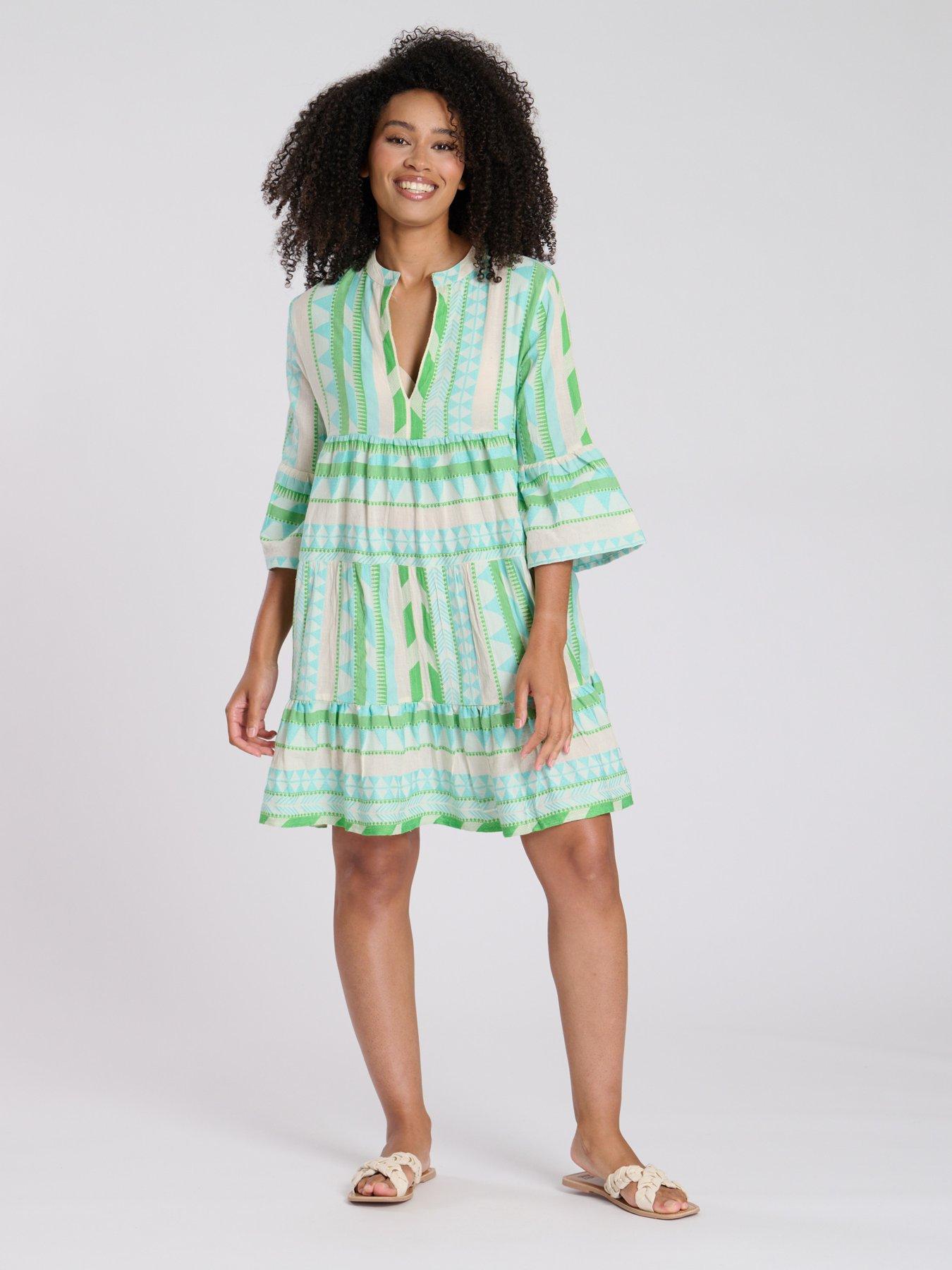 South Beach Jacquard 3/4 Sleeve Tiered Mini Dress - Green