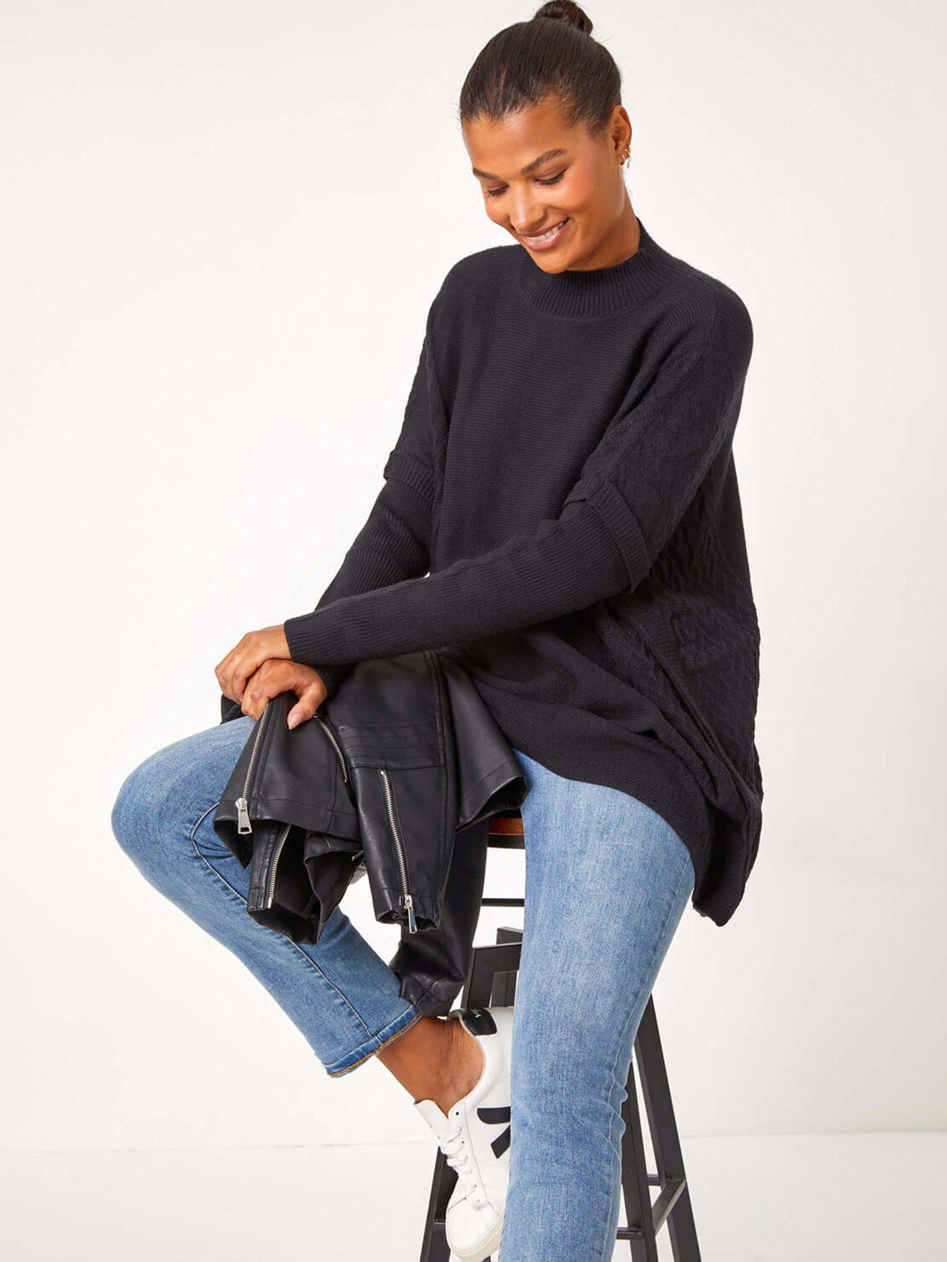 Roman High Neck Longline Knit Jumper - Black