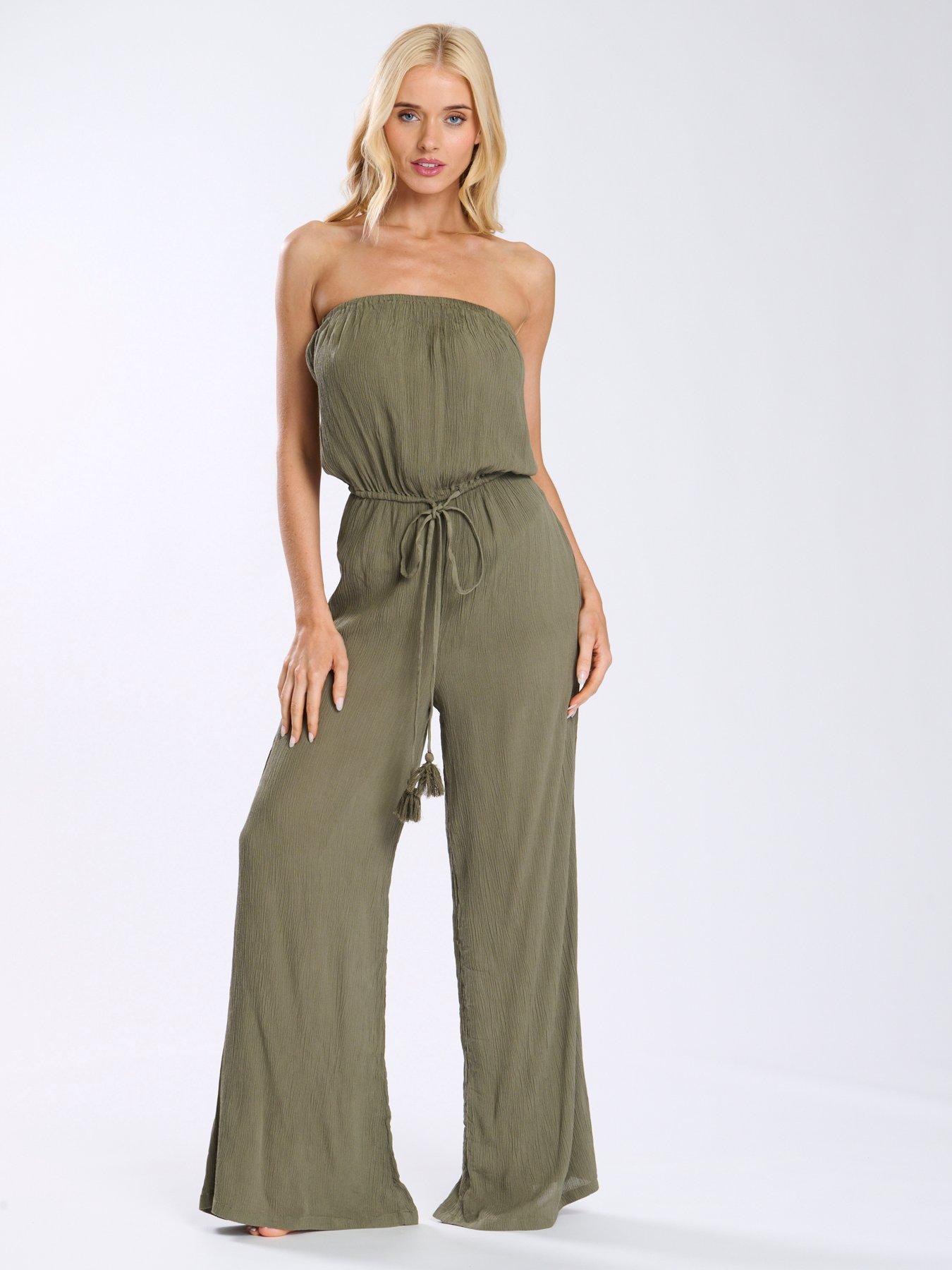 Image 1 of 4 of South Beach Crinkle Viscose Strapless Jumpsuit - Khaki