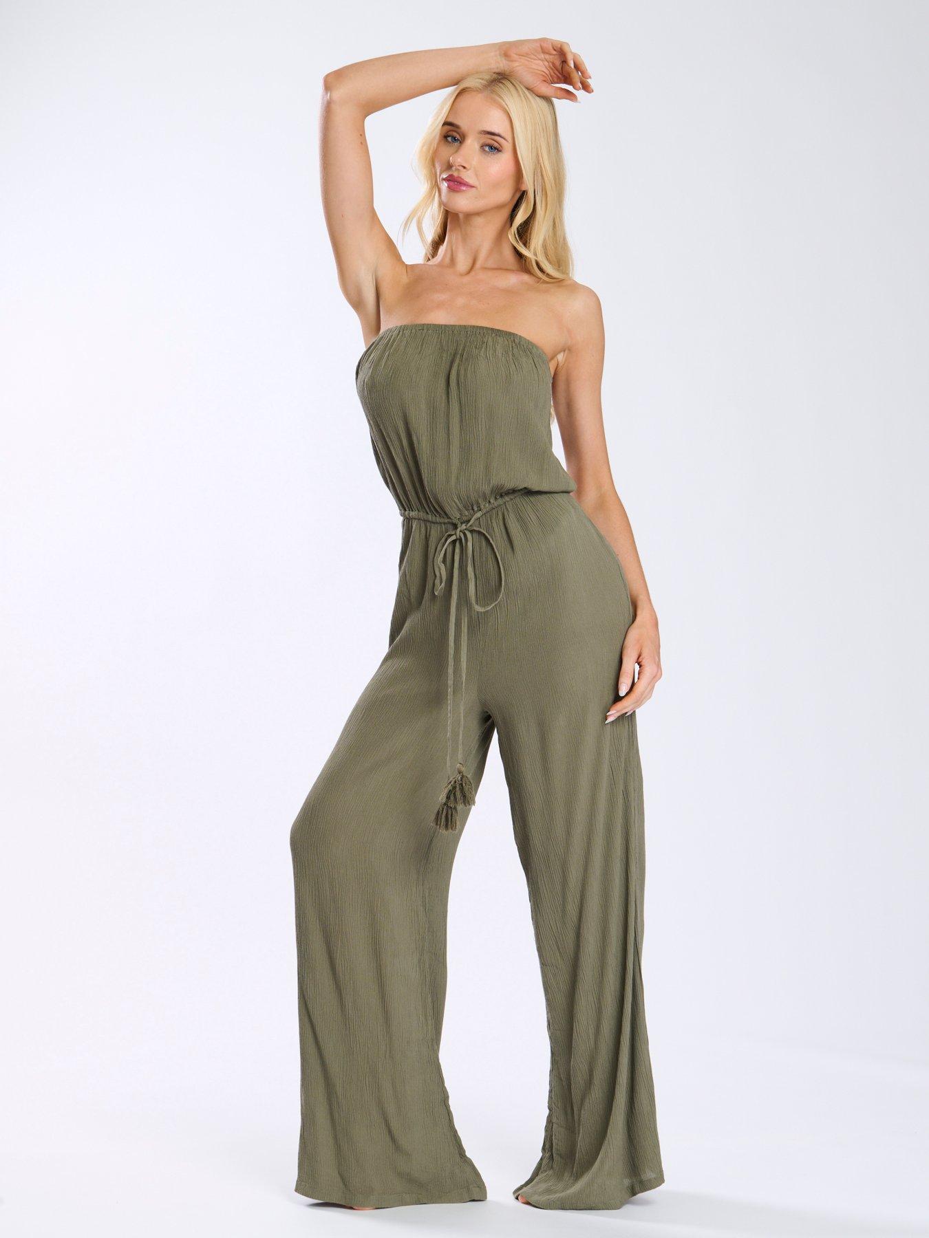 Image 2 of 4 of South Beach Crinkle Viscose Strapless Jumpsuit - Khaki