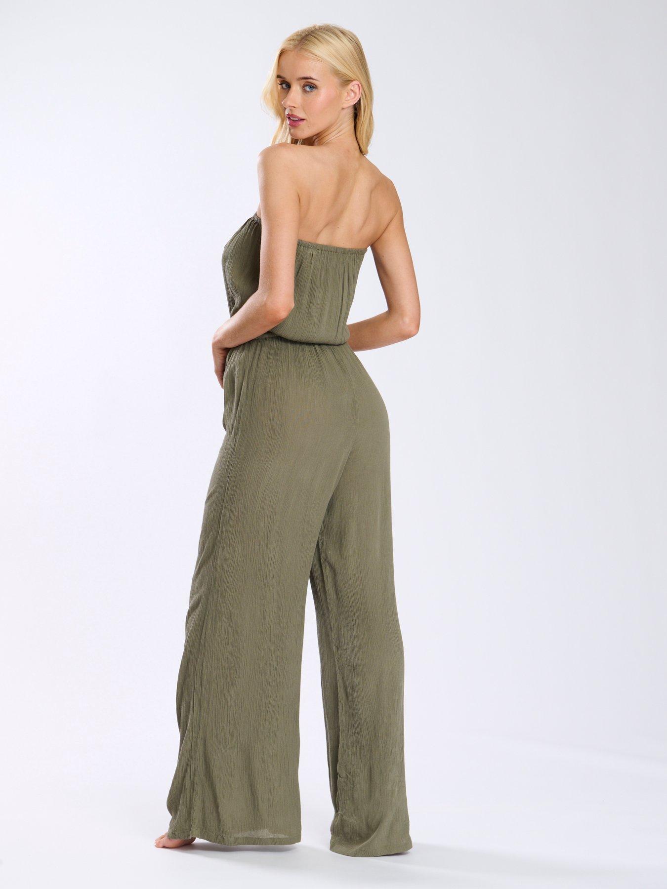 Image 3 of 4 of South Beach Crinkle Viscose Strapless Jumpsuit - Khaki