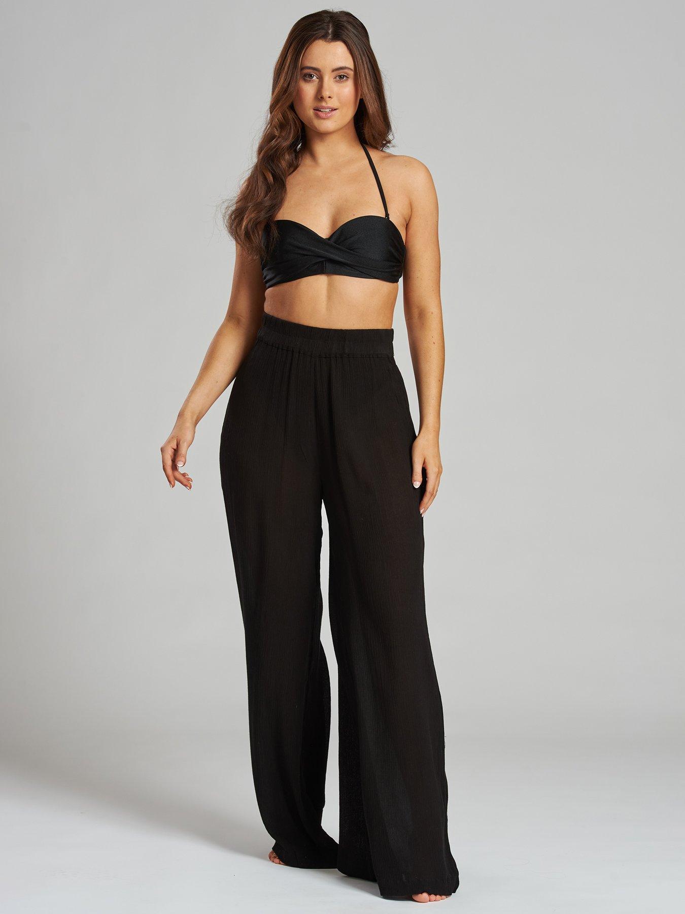 Image 1 of 4 of South Beach Crinkle Vicose Wide Leg Trousers - Black