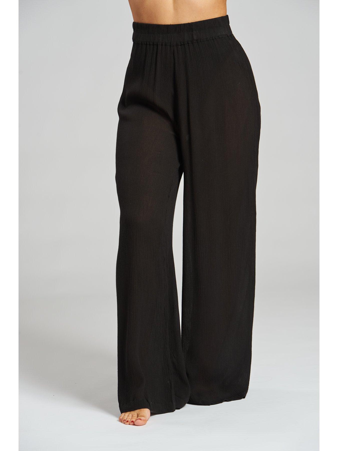 Image 2 of 4 of South Beach Crinkle Vicose Wide Leg Trousers - Black