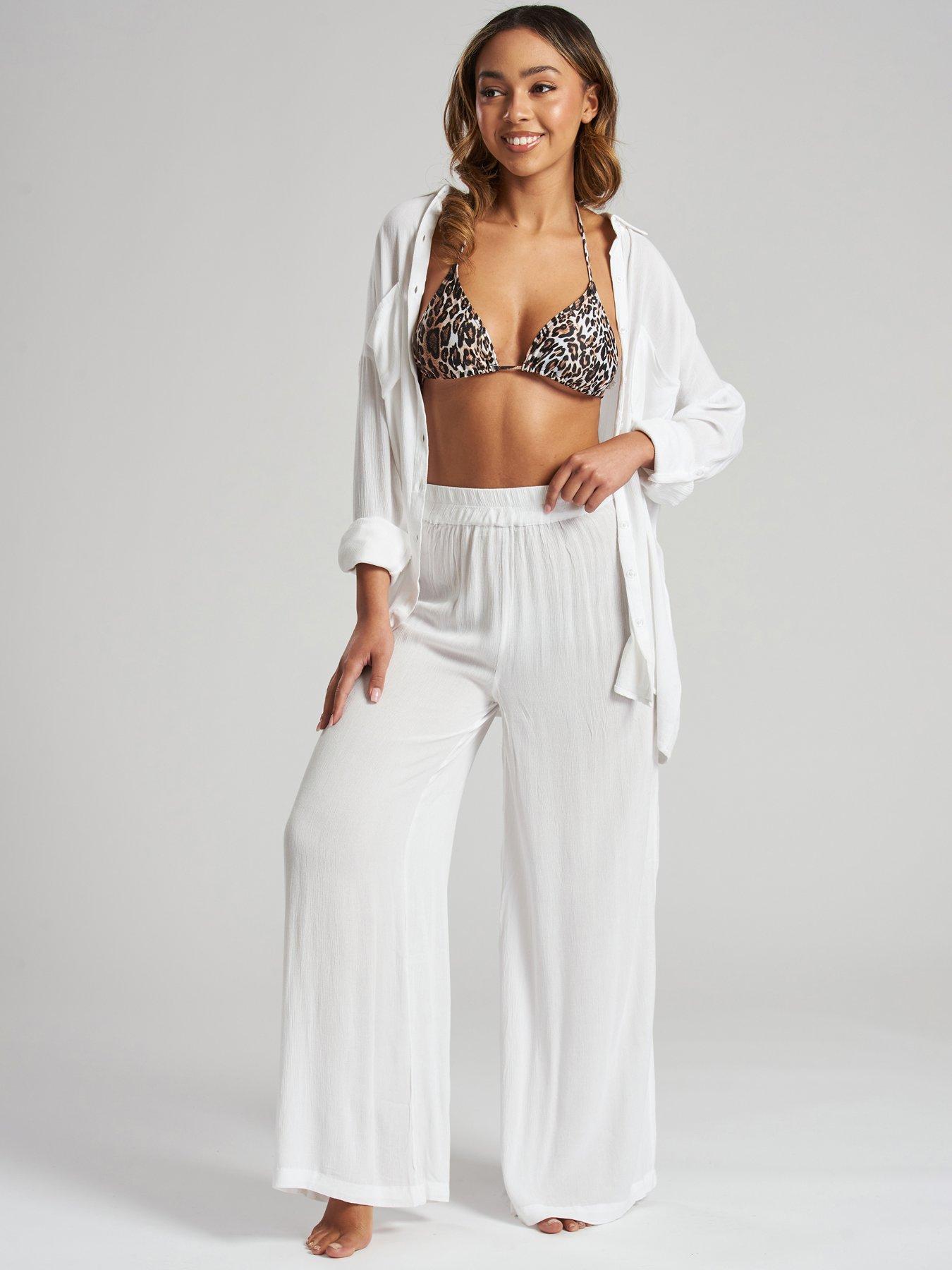 Image 1 of 4 of South Beach Crinkle Vicose Wide Leg Trousers - White