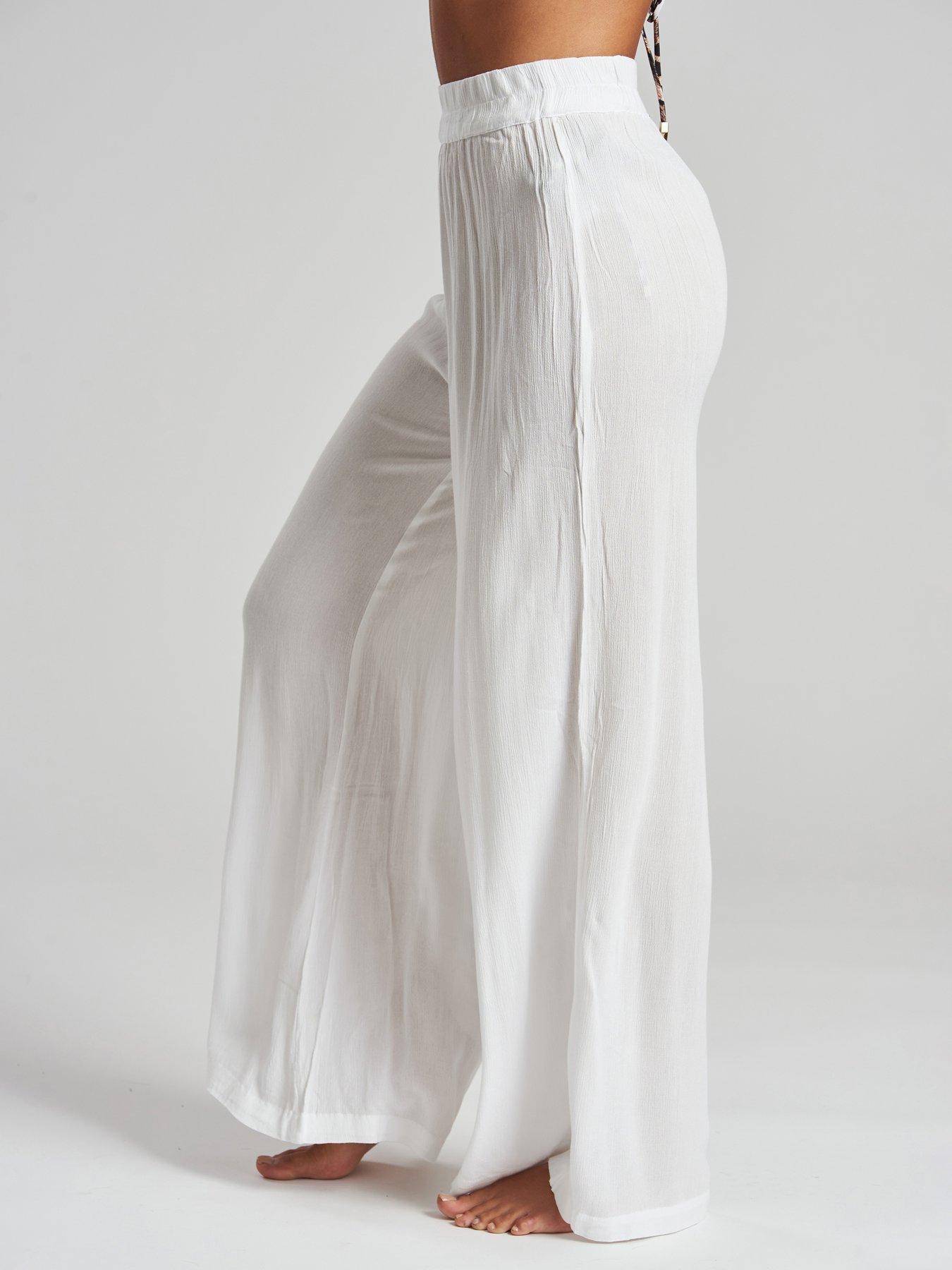 Image 4 of 4 of South Beach Crinkle Vicose Wide Leg Trousers - White