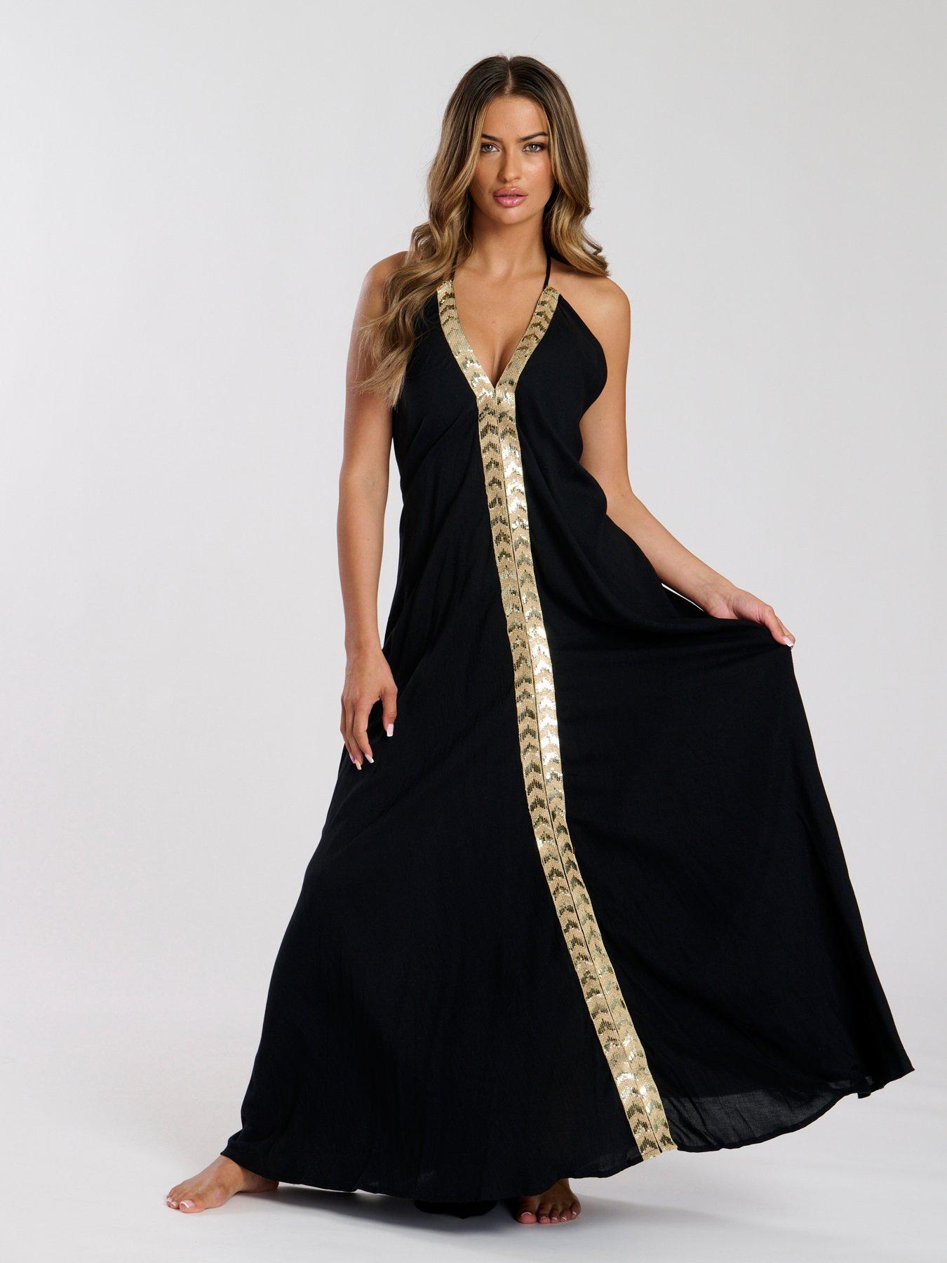 Image 1 of 4 of South Beach V Neck Sequin Detail Halter Maxi Dress - Black