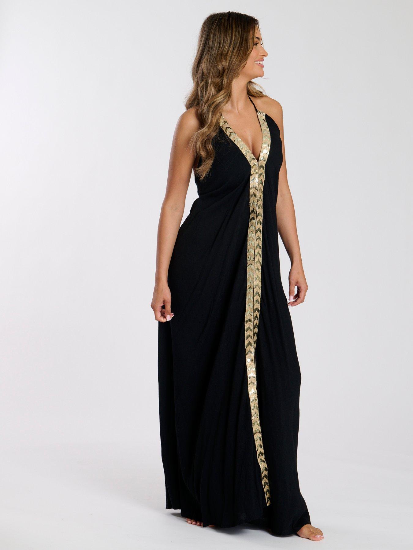 Image 2 of 4 of South Beach V Neck Sequin Detail Halter Maxi Dress - Black