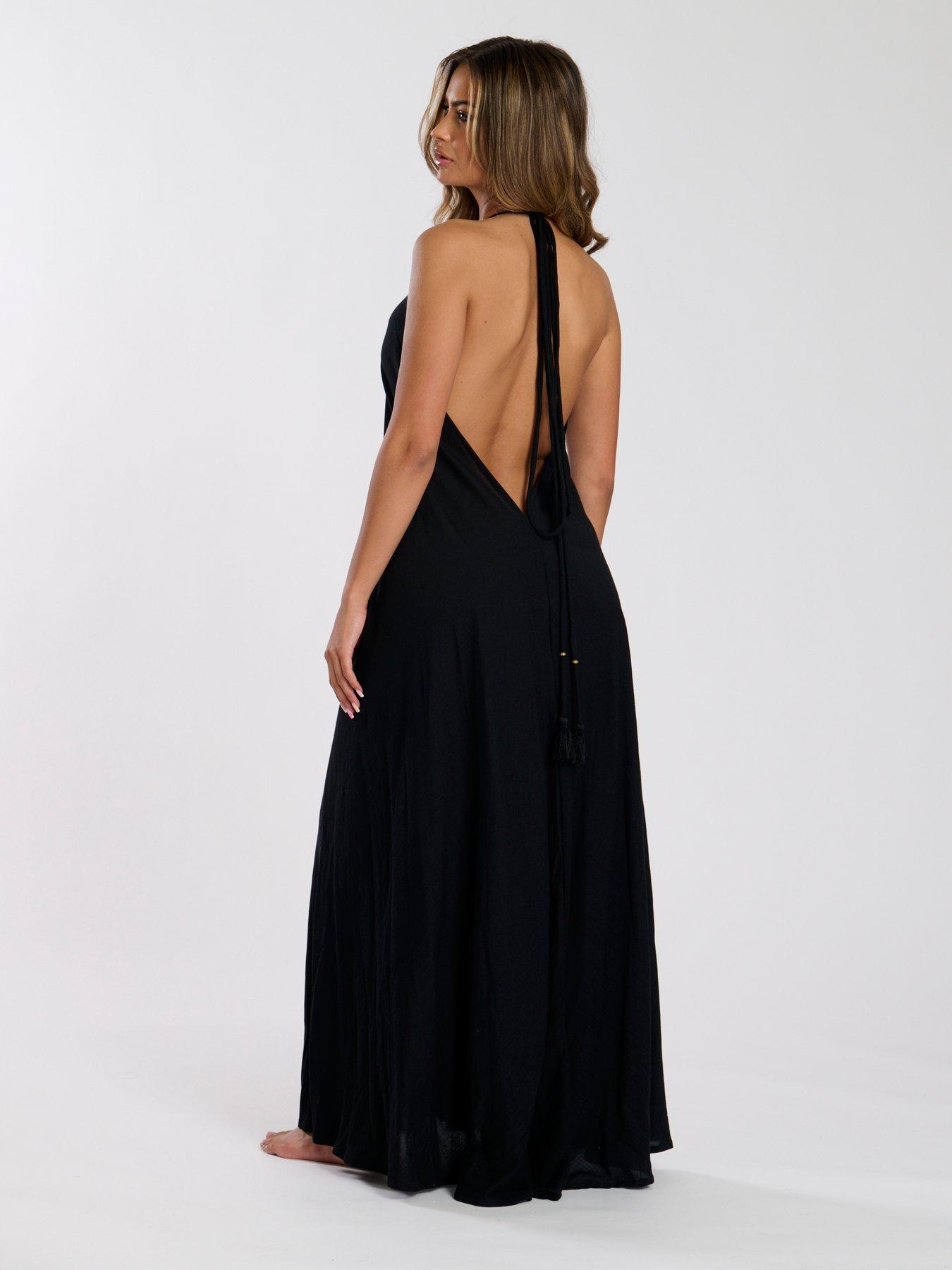 Image 3 of 4 of South Beach V Neck Sequin Detail Halter Maxi Dress - Black