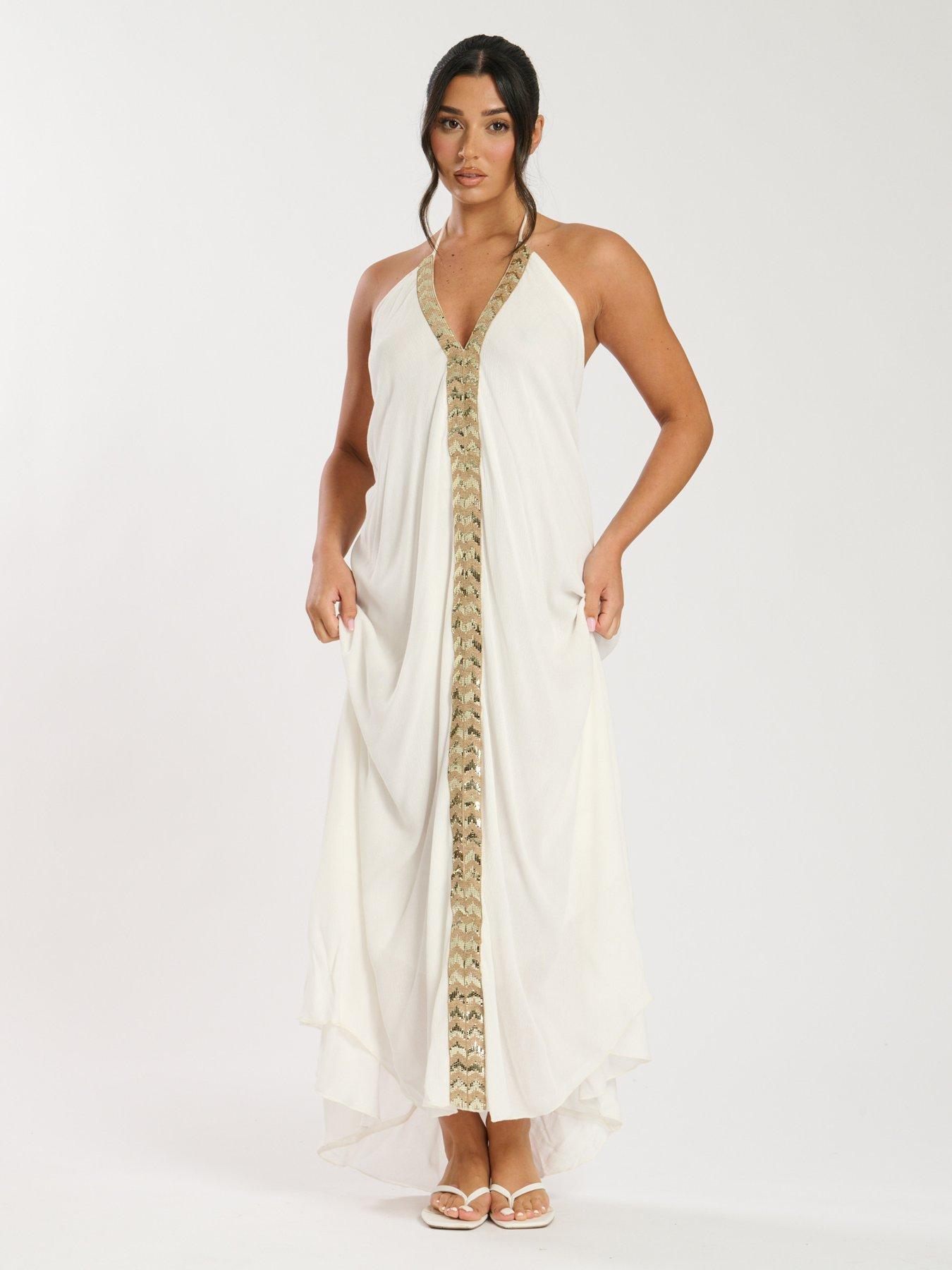 Image 1 of 5 of South Beach V Neck Sequin Detail Halter Maxi Dress - White