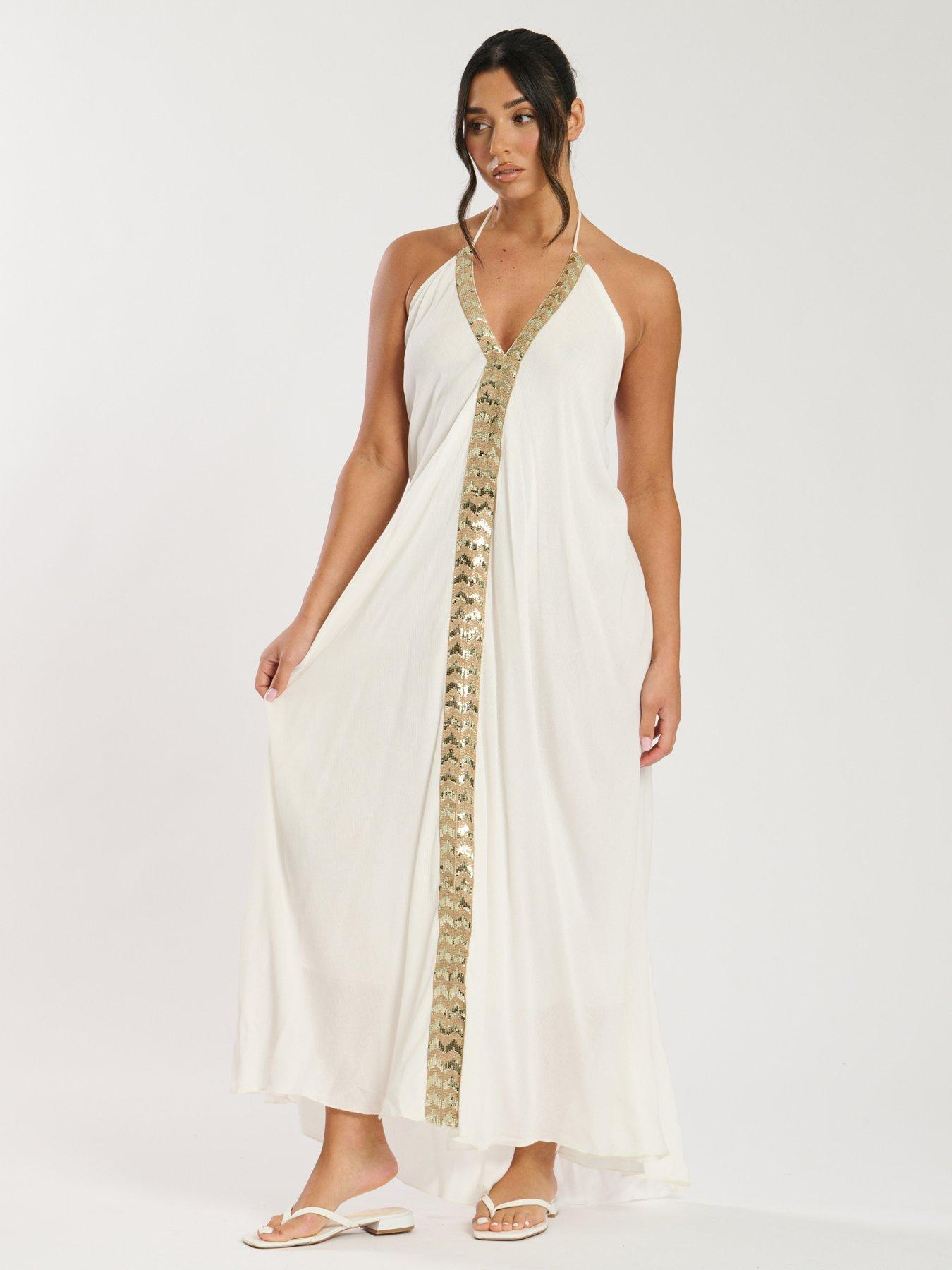 Image 2 of 5 of South Beach V Neck Sequin Detail Halter Maxi Dress - White