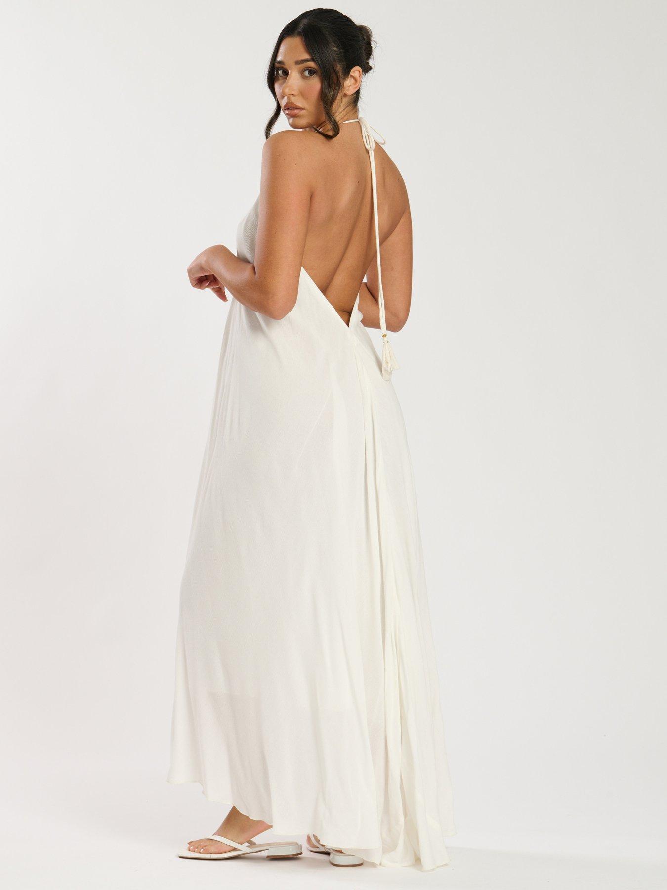 Image 3 of 5 of South Beach V Neck Sequin Detail Halter Maxi Dress - White