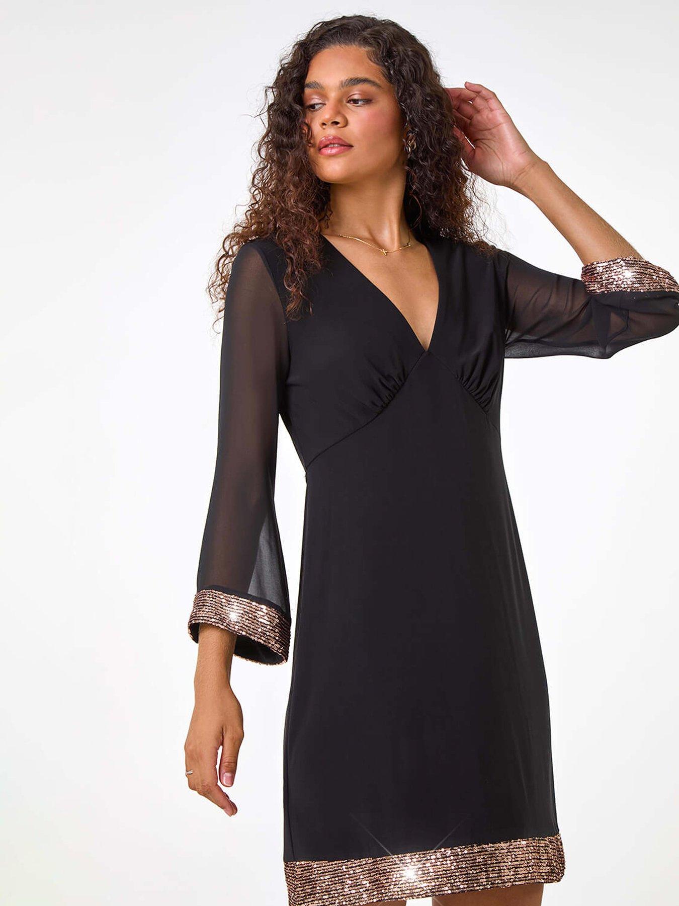 Image 1 of 5 of Roman Contrast Sequin Cuff Dress - Brown