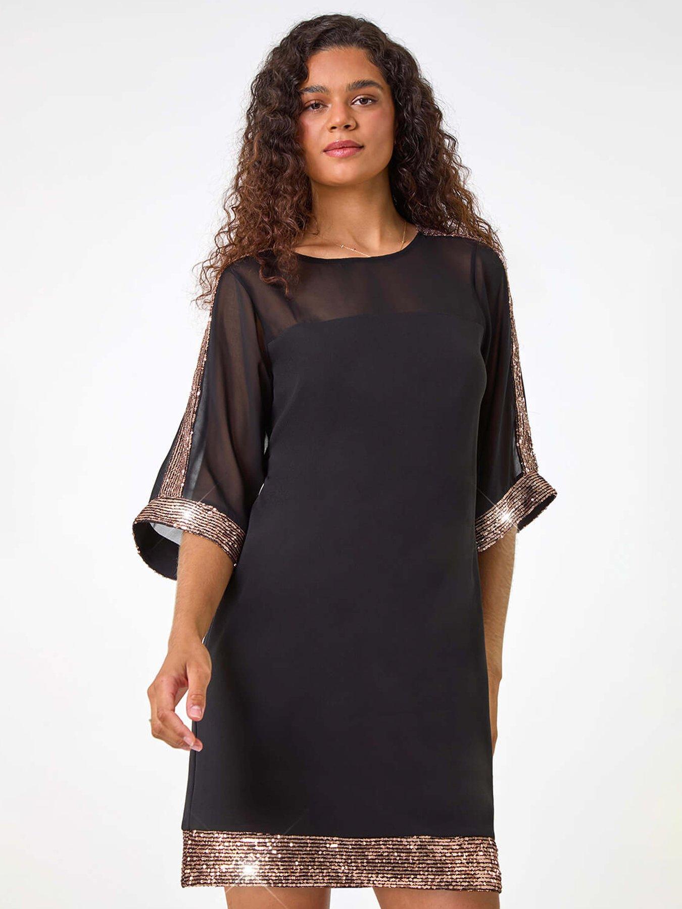 roman-sequin-trim-shift-dress-brown