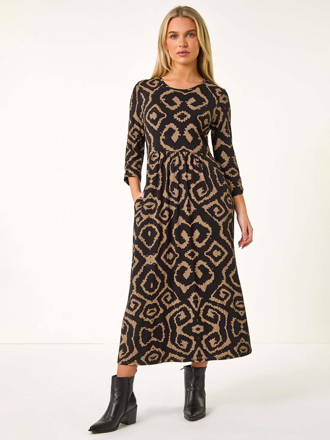 roman-petite-geo-print-gathered-midi-dress-beigefront