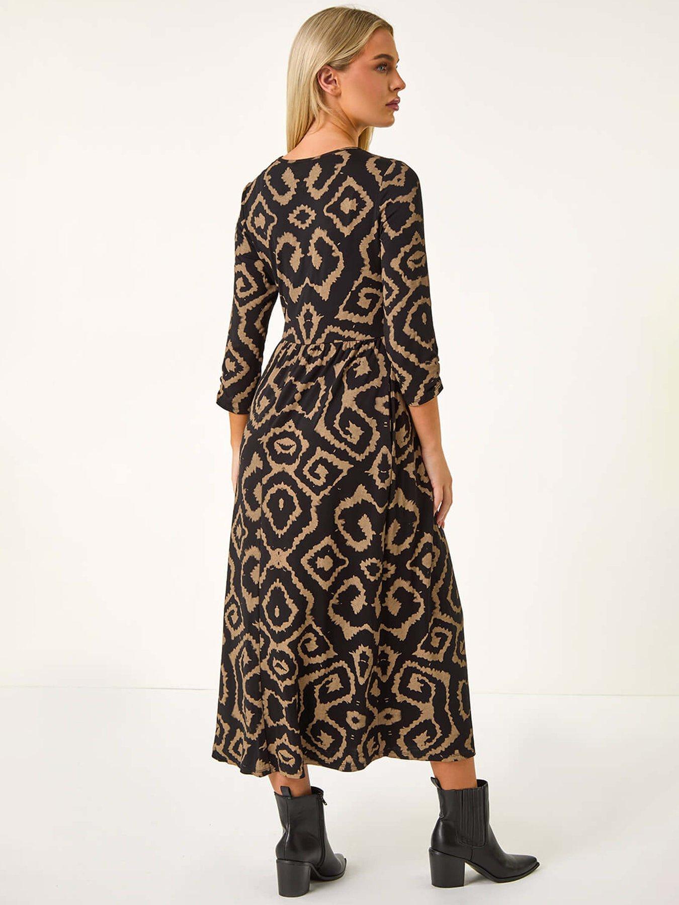 roman-petite-geo-print-gathered-midi-dress-beigestillFront