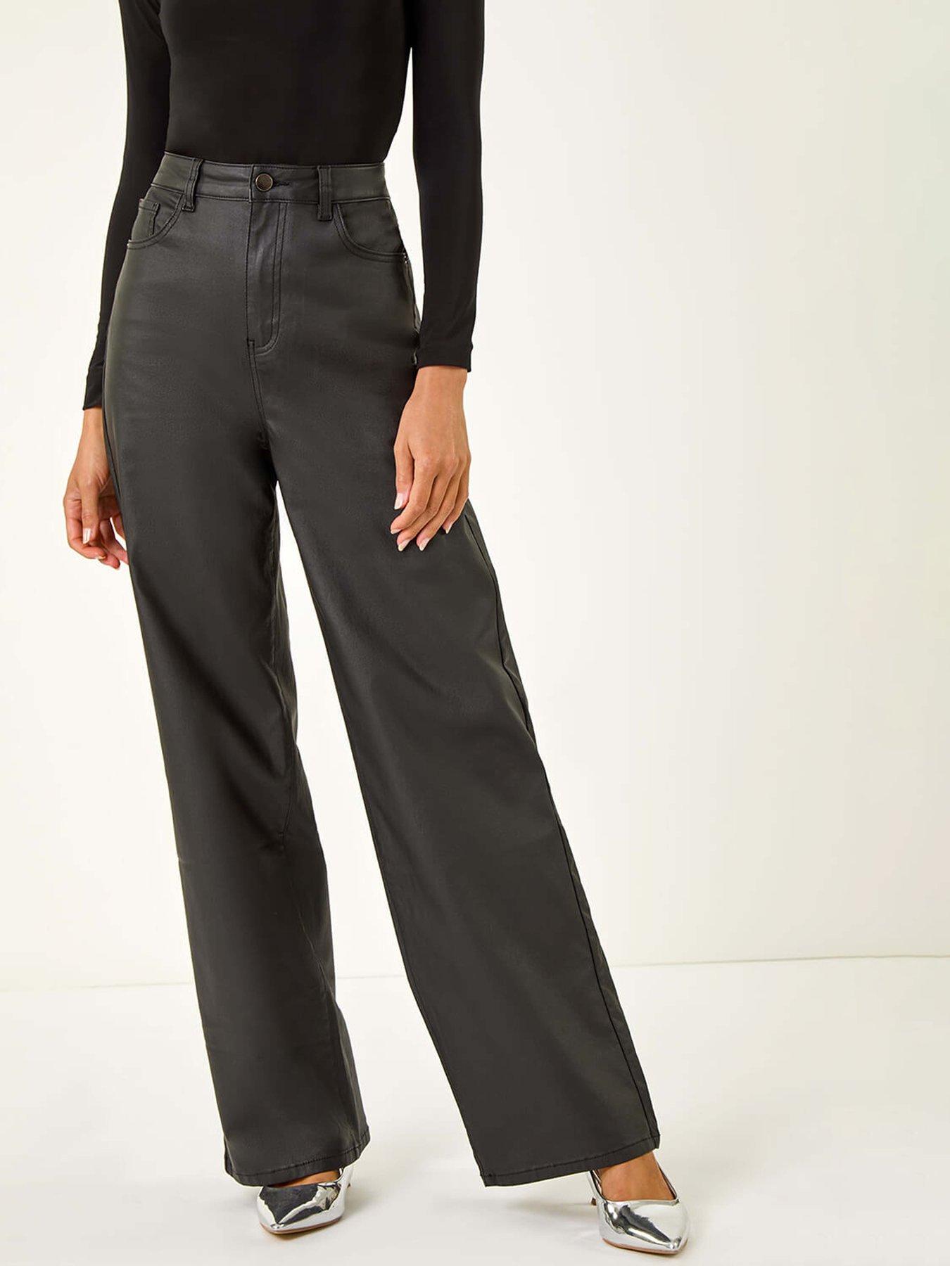 Roman Coated Stretch Waist Wide Leg Jeans - Black