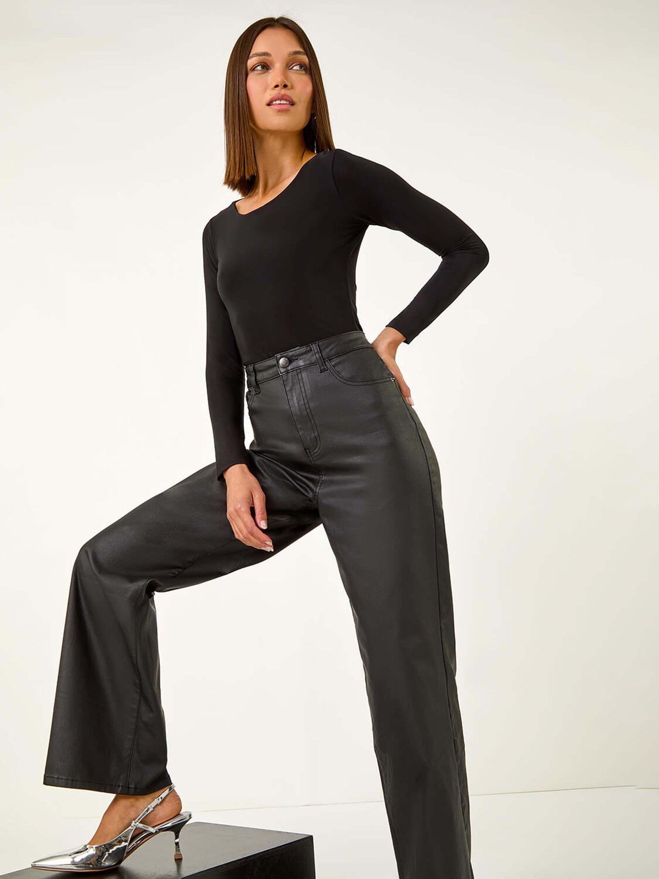 Image 4 of 5 of Roman Coated Stretch Waist Wide Leg Jeans - Black