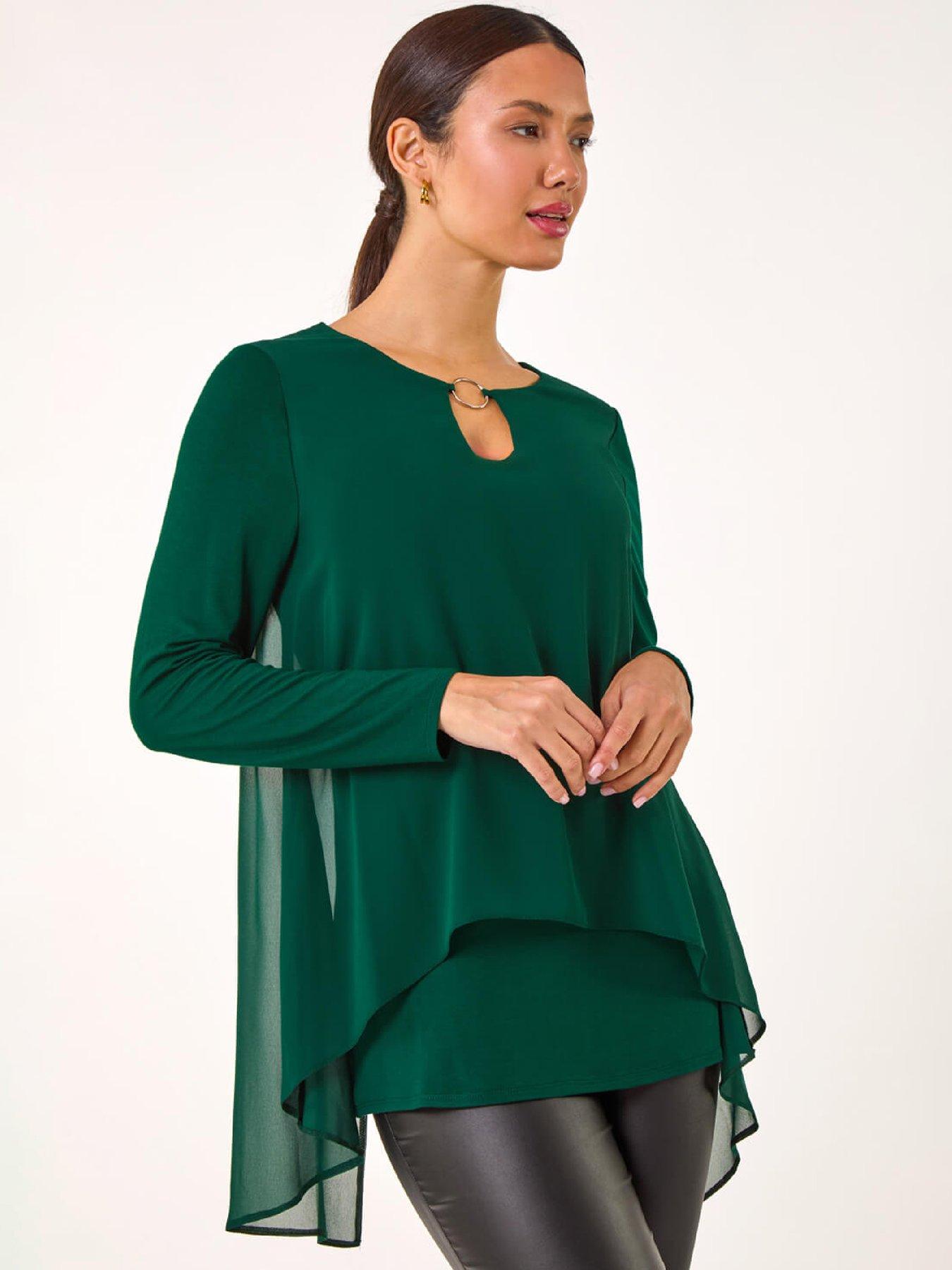 Roman Ring Front Chiffon Overlay Tunic Top - Green