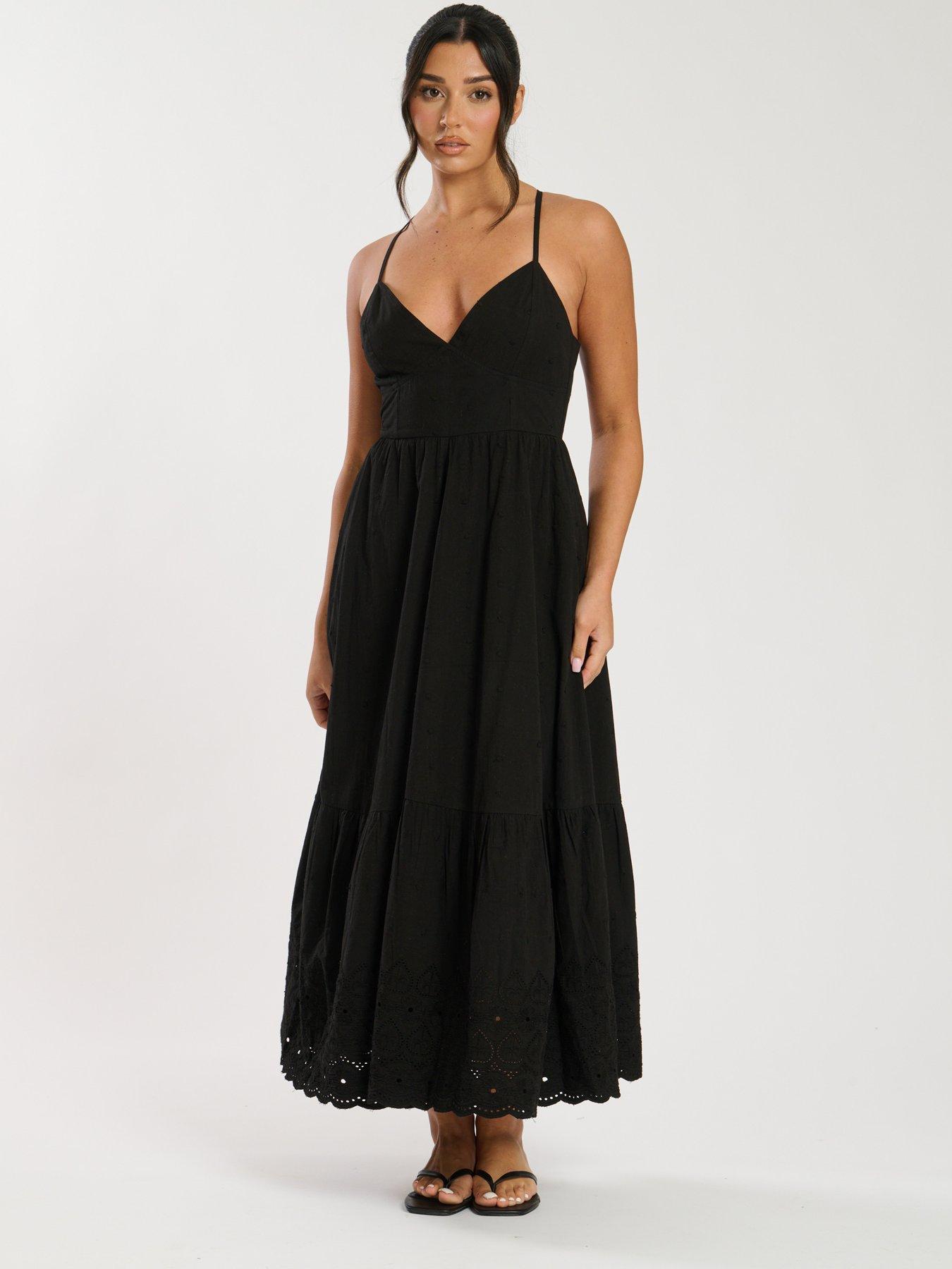 South Beach Dobby Broderie Strappy Back Midi Dress - Black
