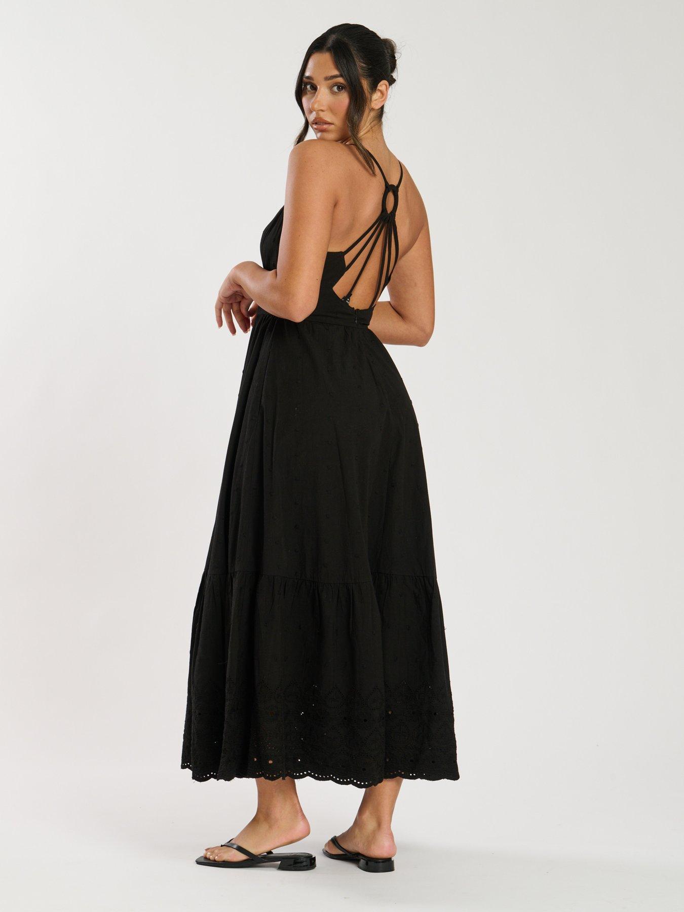 Image 2 of 4 of South Beach Dobby Broderie Strappy Back Midi Dress - Black