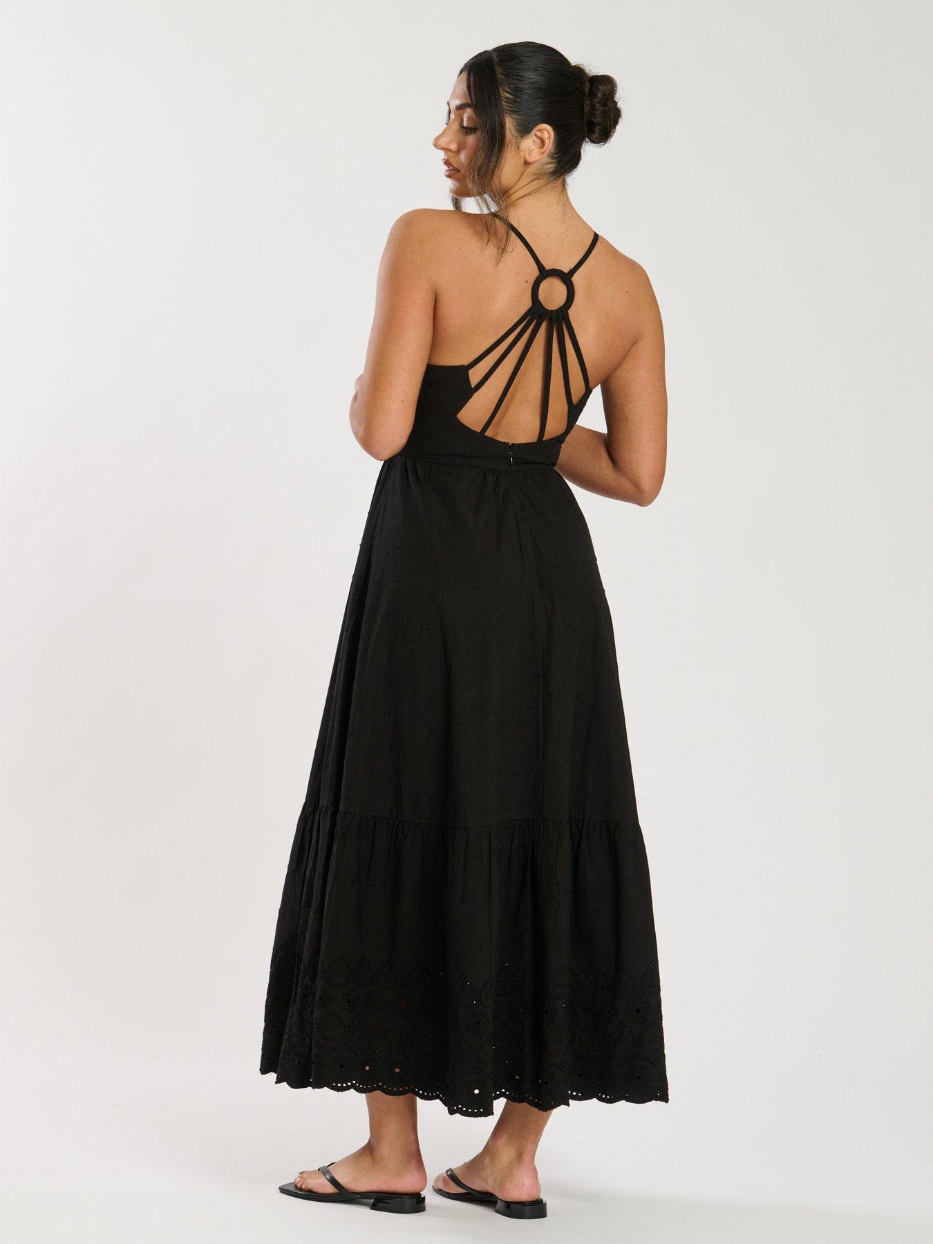 Image 3 of 4 of South Beach Dobby Broderie Strappy Back Midi Dress - Black
