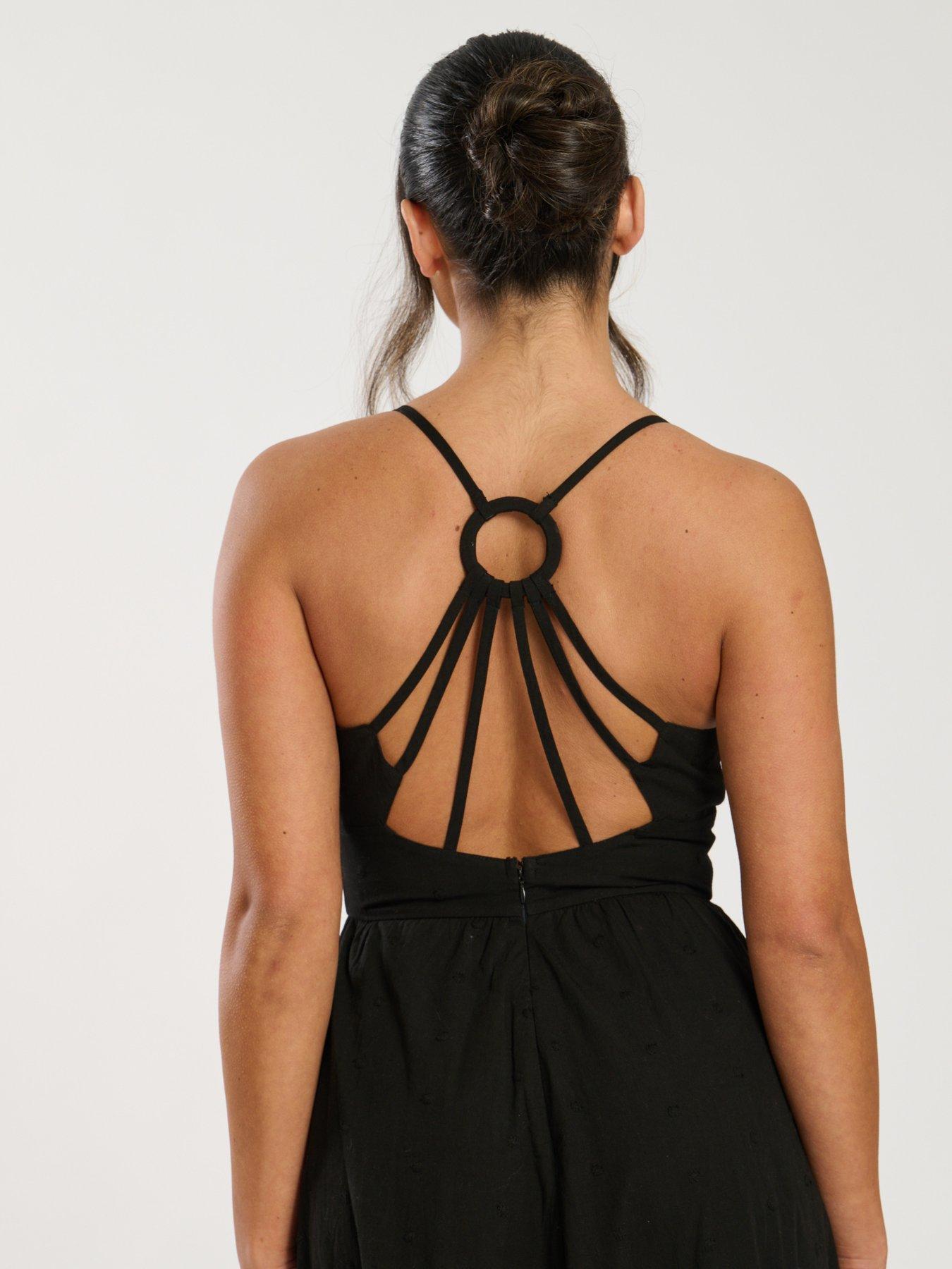 Image 4 of 4 of South Beach Dobby Broderie Strappy Back Midi Dress - Black