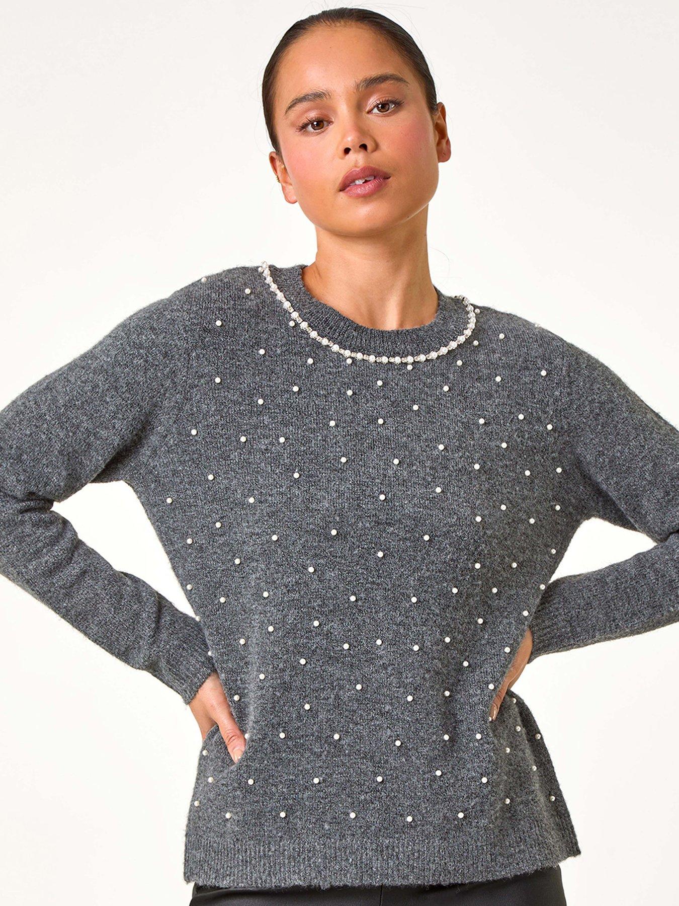 Roman Petite High Neck Pearl Knit Jumper - Grey
