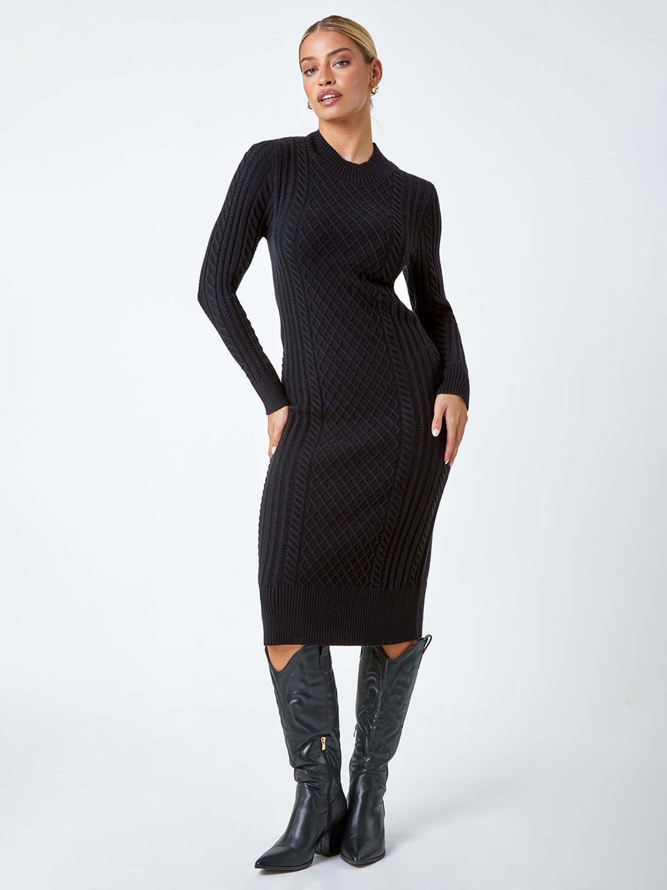 roman-cable-knit-midi-jumper-dress-blackfront