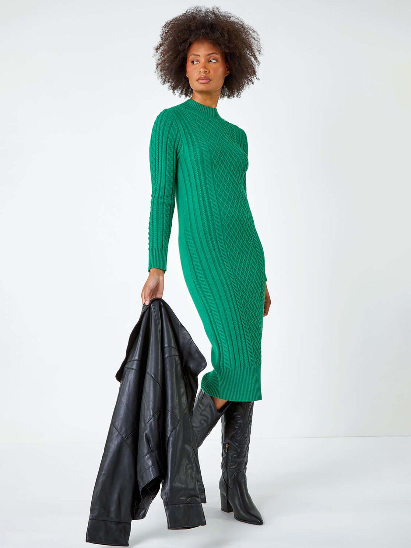 Roman Cable Knit Midi Jumper Dress - Green