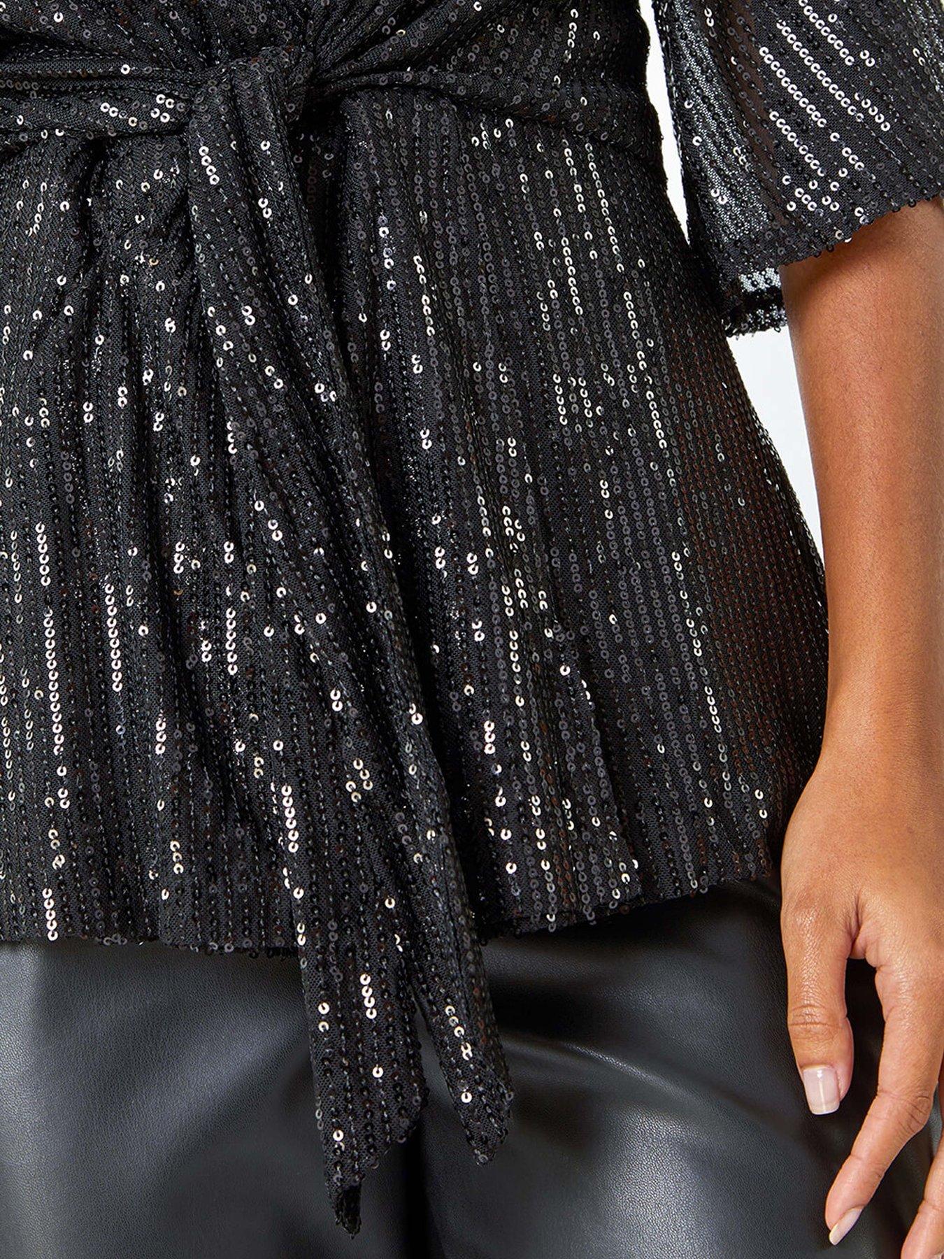 Image 5 of 5 of Roman Sequin Tie Front V-Neck Stretch Top - Black