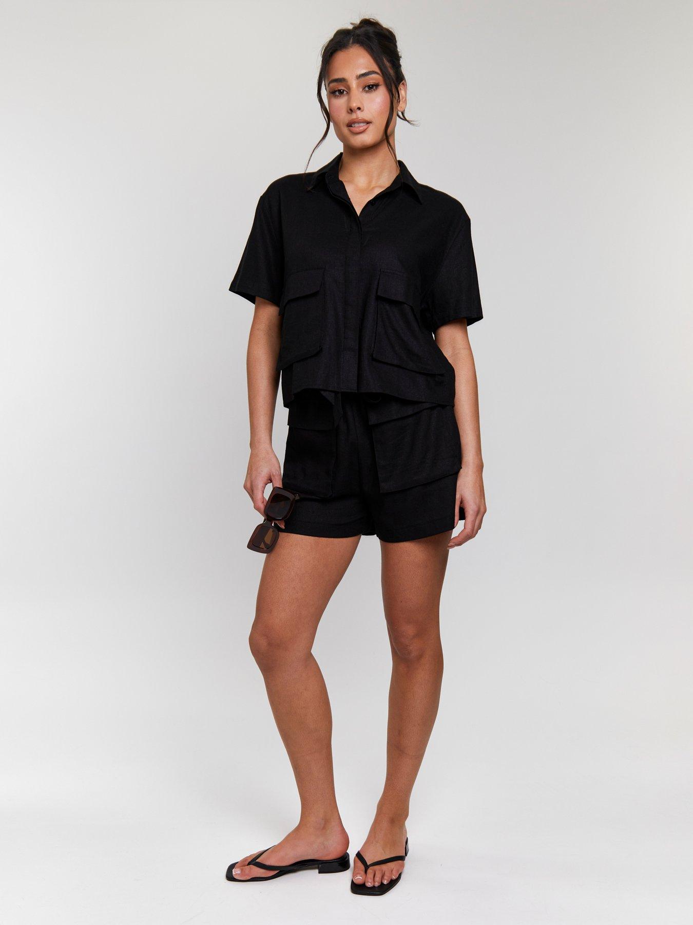 South Beach Linen Blend Tie Waist Utility Pocket Short - Black