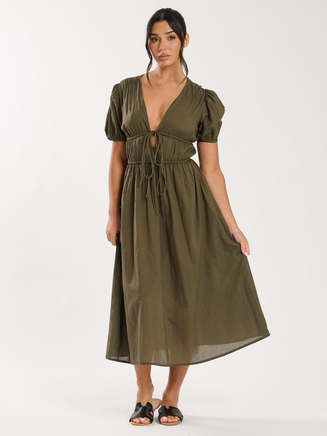 Image 1 of 4 of South Beach Tie Front Short Sleeve Midi Dress - Khaki