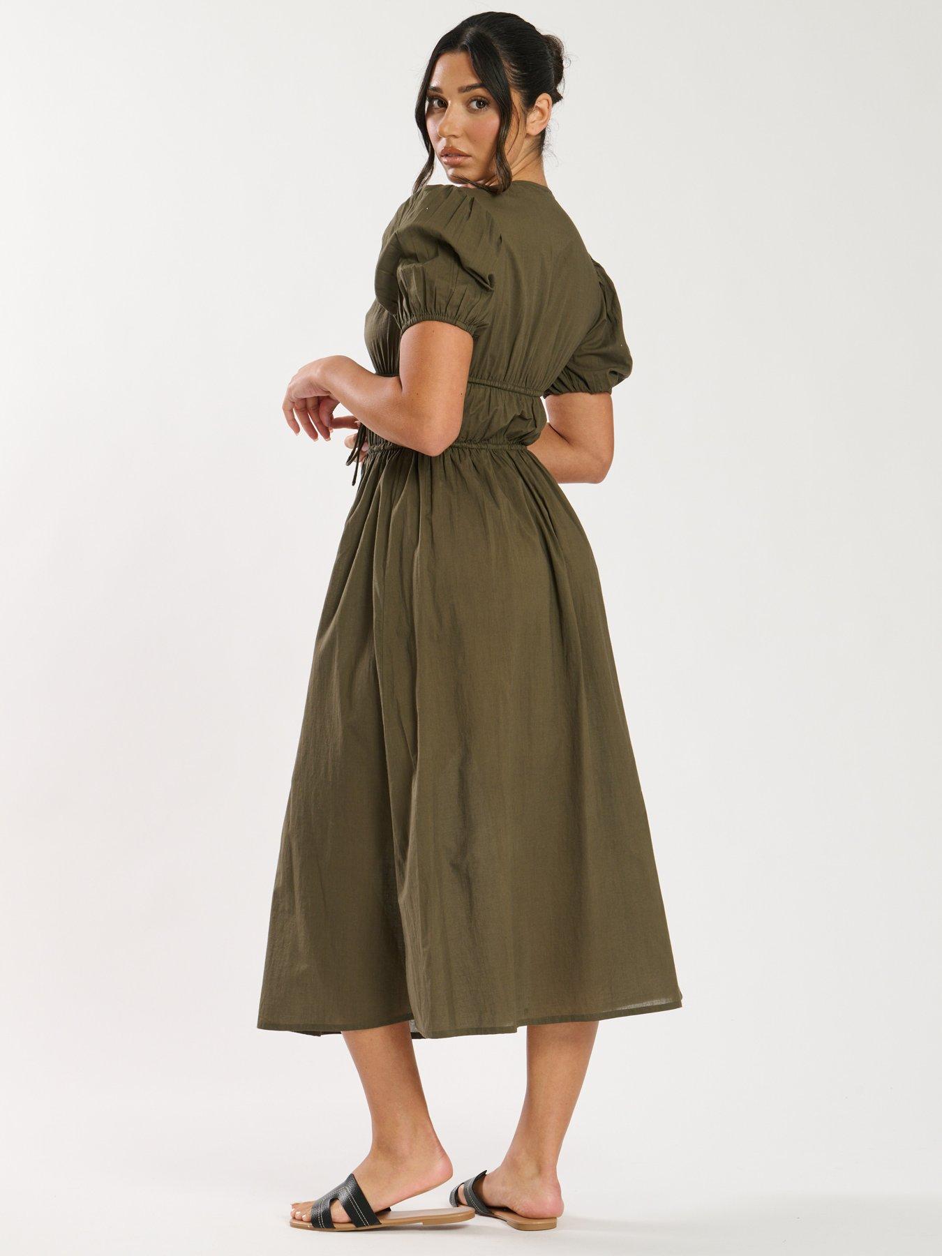 Image 2 of 4 of South Beach Tie Front Short Sleeve Midi Dress - Khaki