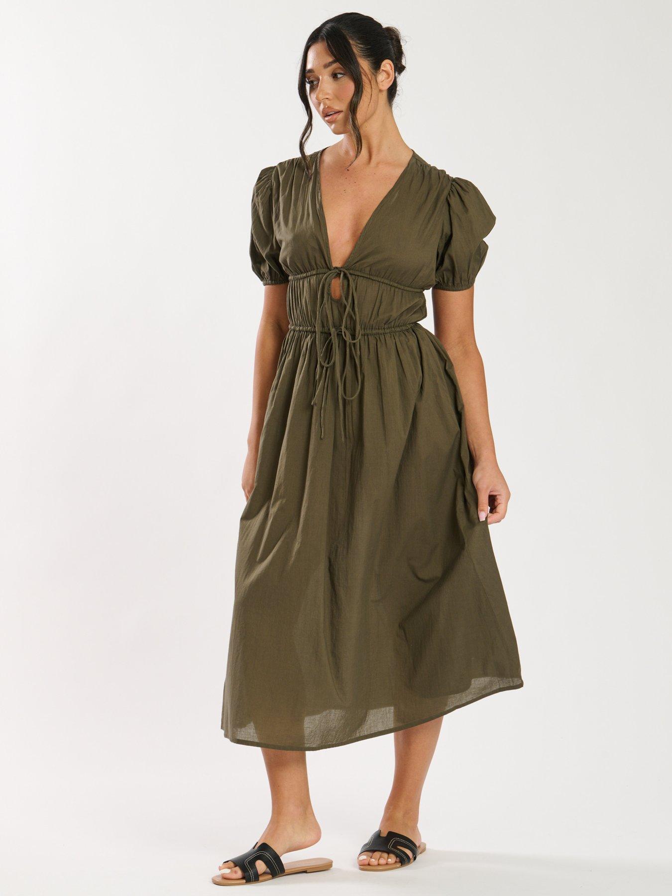 Image 3 of 4 of South Beach Tie Front Short Sleeve Midi Dress - Khaki