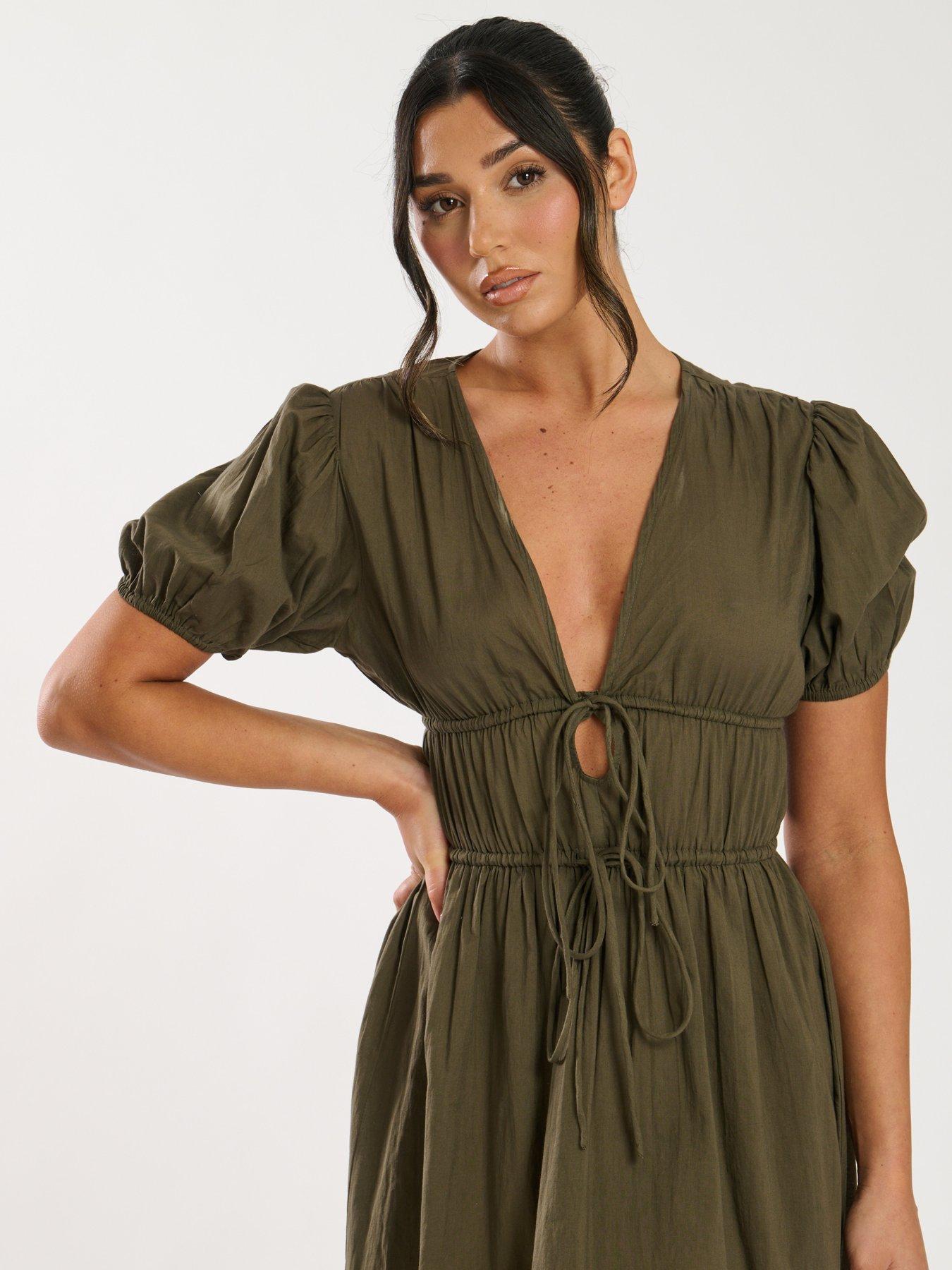 Image 4 of 4 of South Beach Tie Front Short Sleeve Midi Dress - Khaki