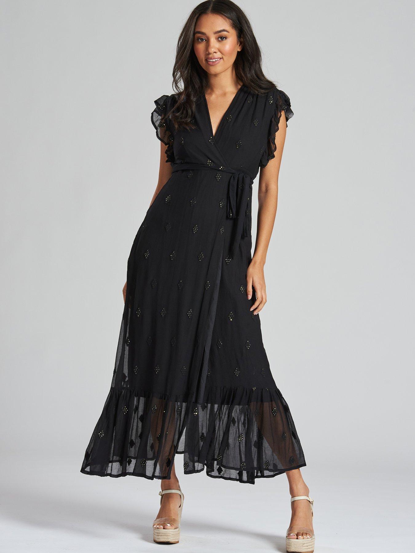 South Beach Sequin Detail Wrap Midi Dress - Black