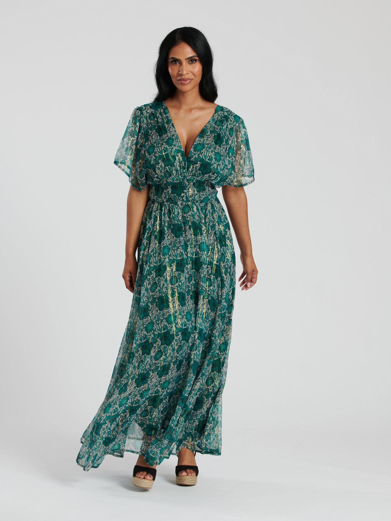 Image 1 of 3 of South Beach Metallic Chiffon Button Detail Midi Dress - Green